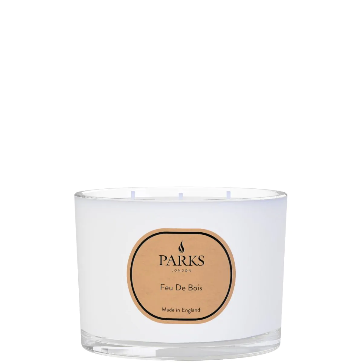 A white, round 3-wick candle with a label that reads 'PARKS Feu De Bois. Made in England.'