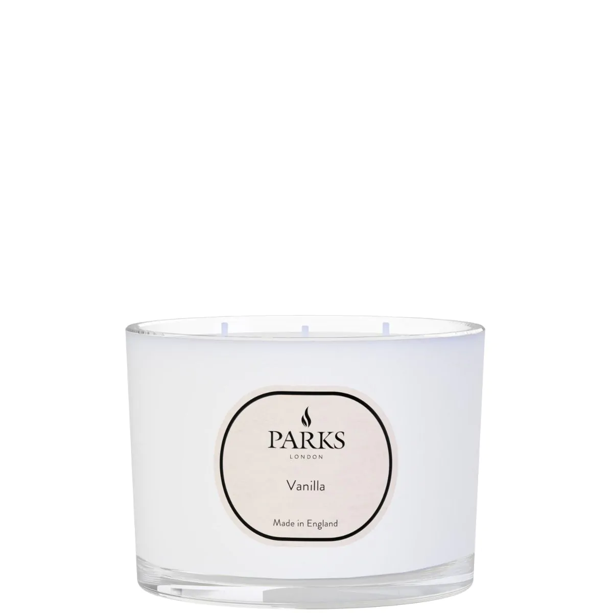 A white, round 3-wick candle with a label that reads 'PARKS Vanilla'.