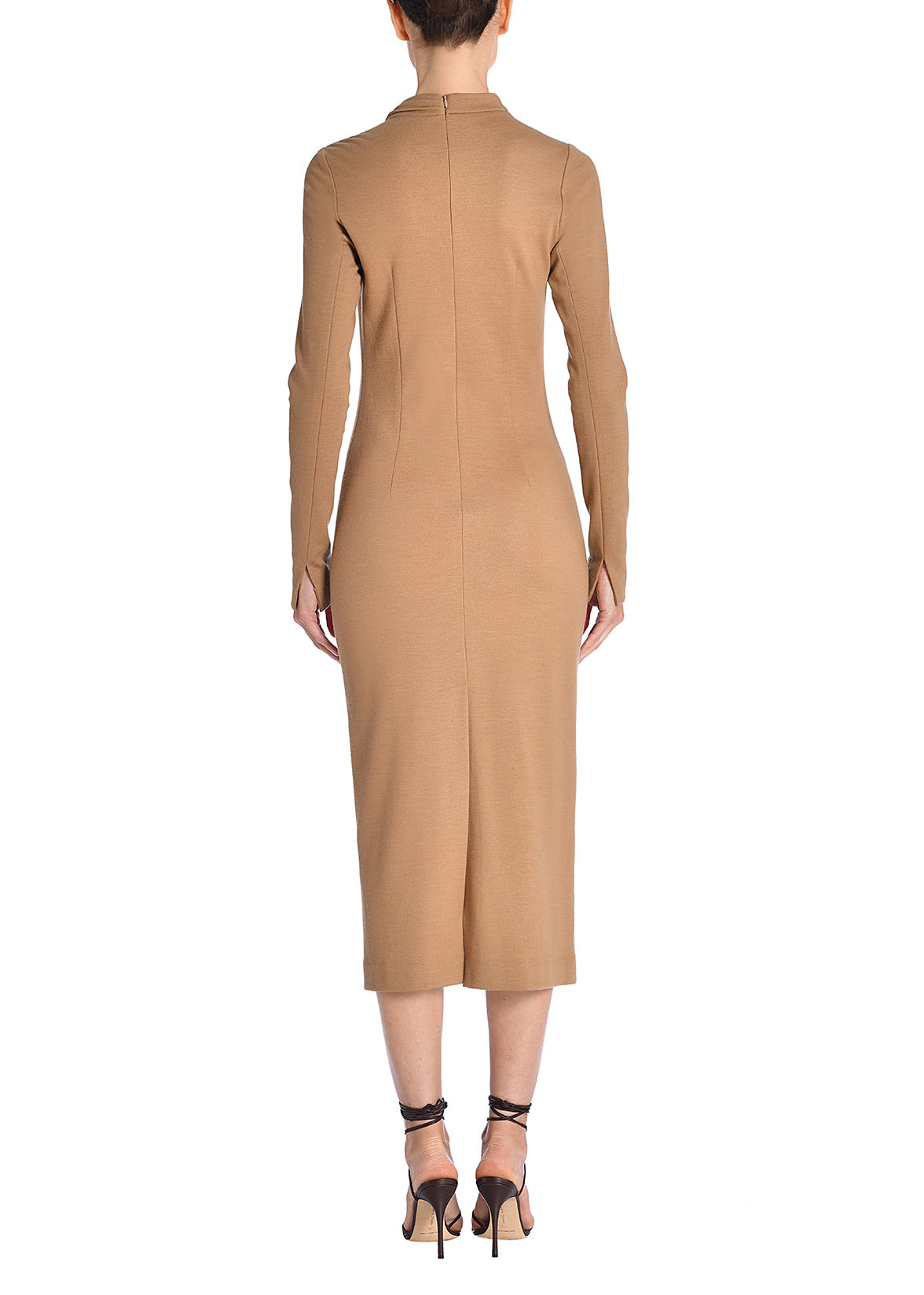 A back-facing image of a model wearing a camel midi dress. 