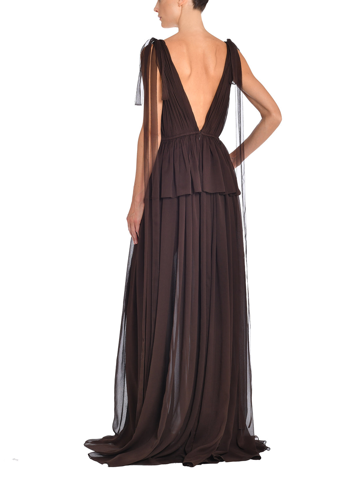 A back view image of a model wearing a mocha brown silk gown. 