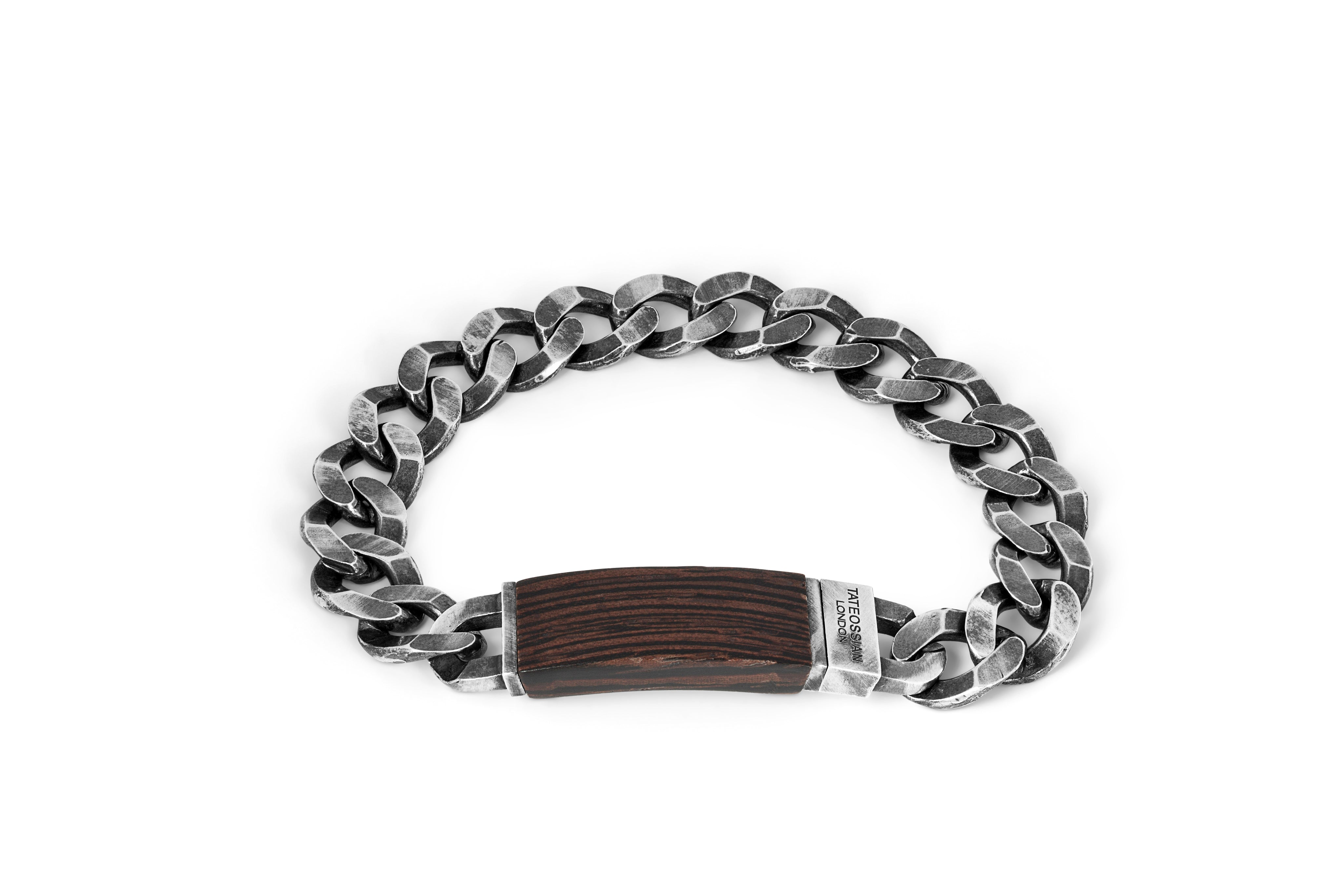 Tateossian Madera Grumette Sterling Silver Bracelet with Wood ID Clasp (M Size)