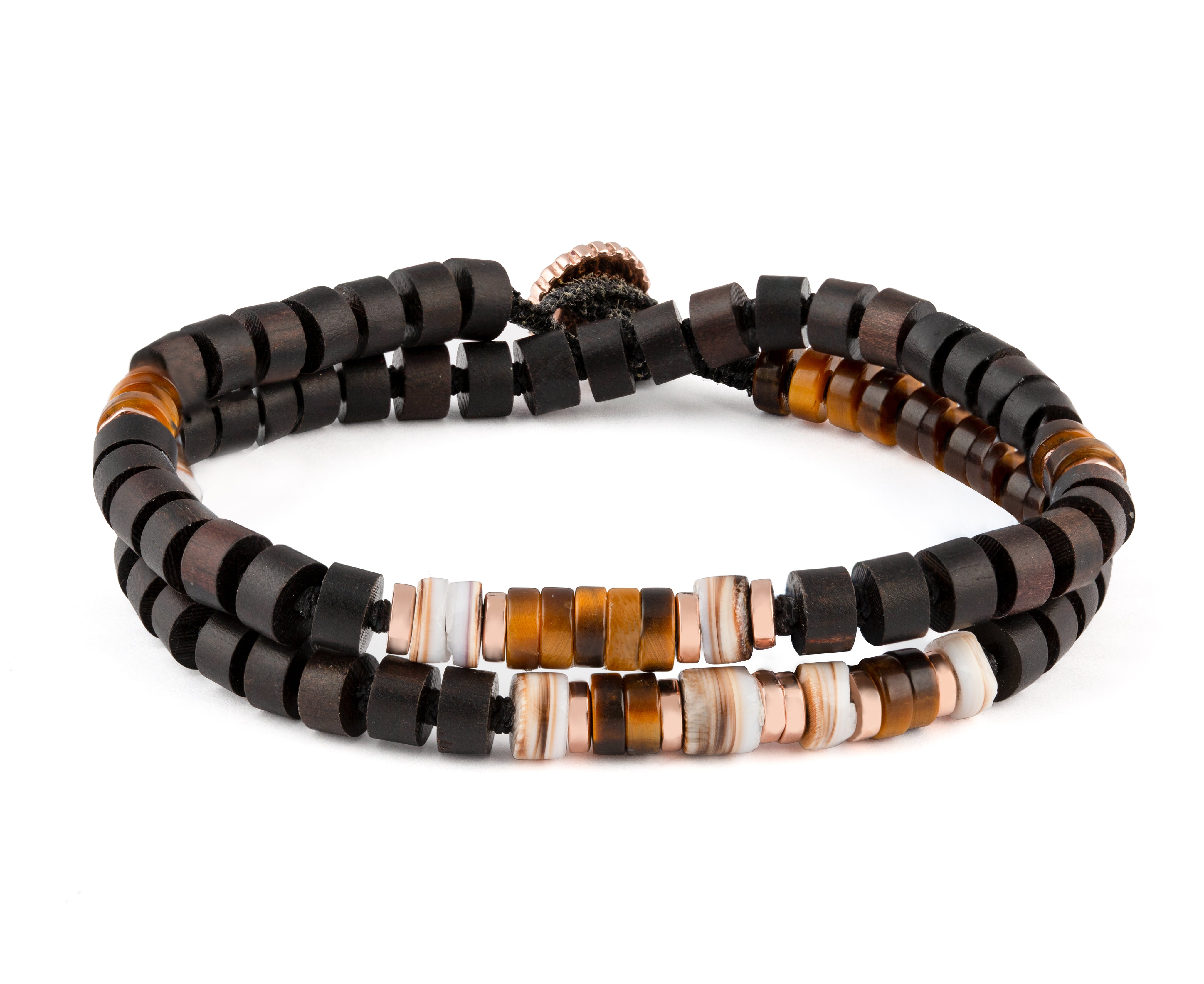 Ebony Silver Discs Bracelet - Rose Gold, Tiger Eye and Ebony Wood