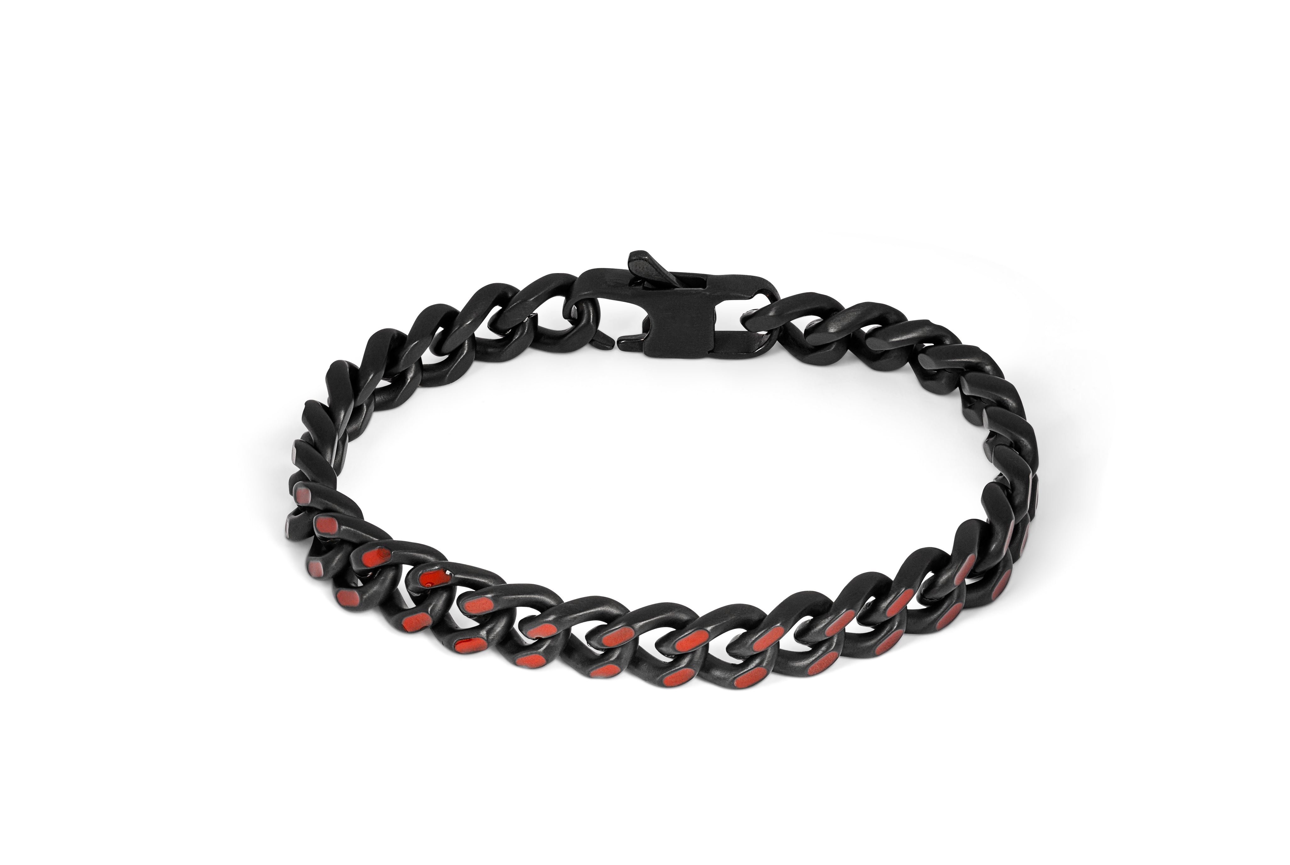 Tateossian Meccanico Bracelet in Black Plated Stainless Steel with Red Enamel (S Size)