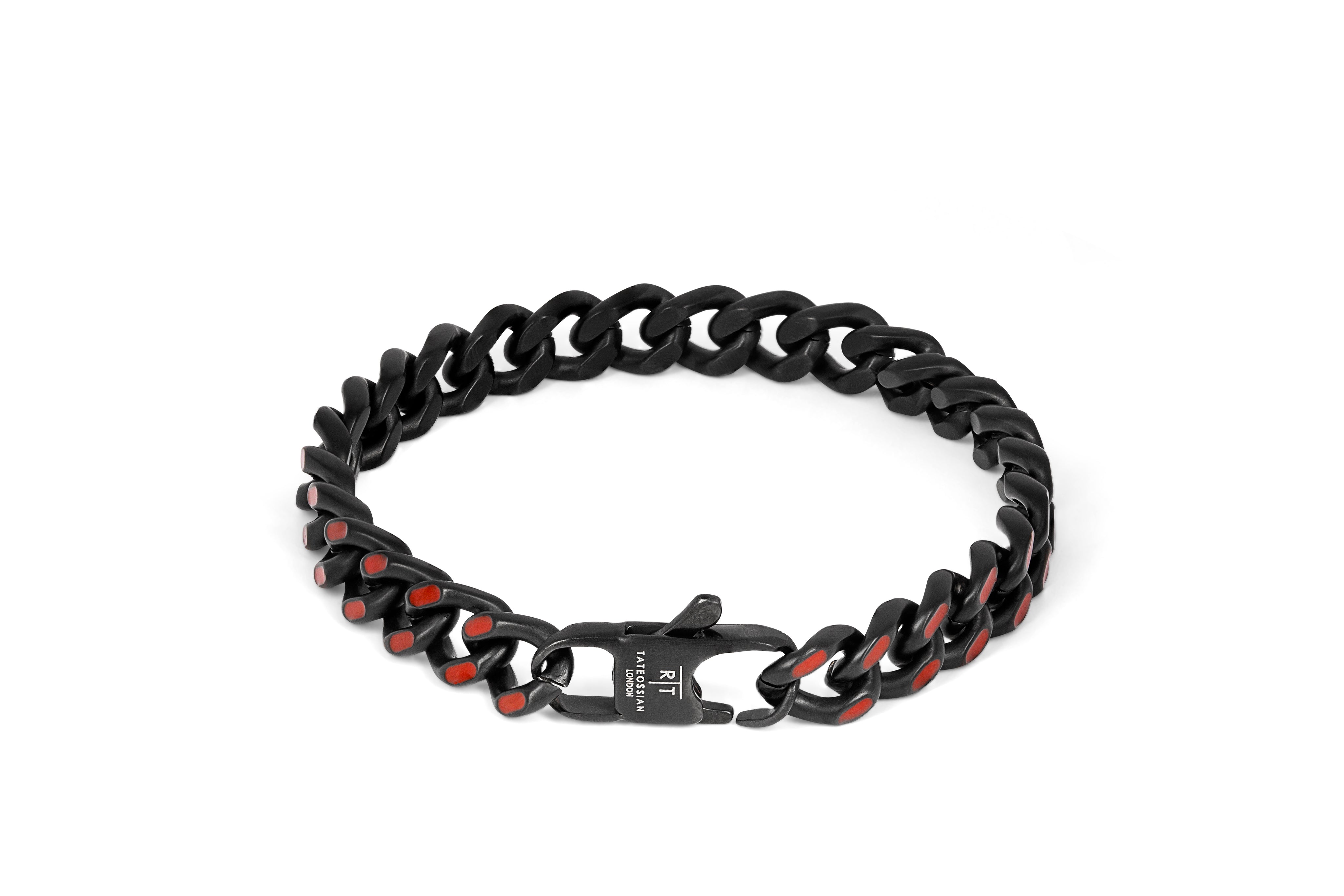 Tateossian Meccanico Bracelet in Black Plated Stainless Steel with Red Enamel (M Size)