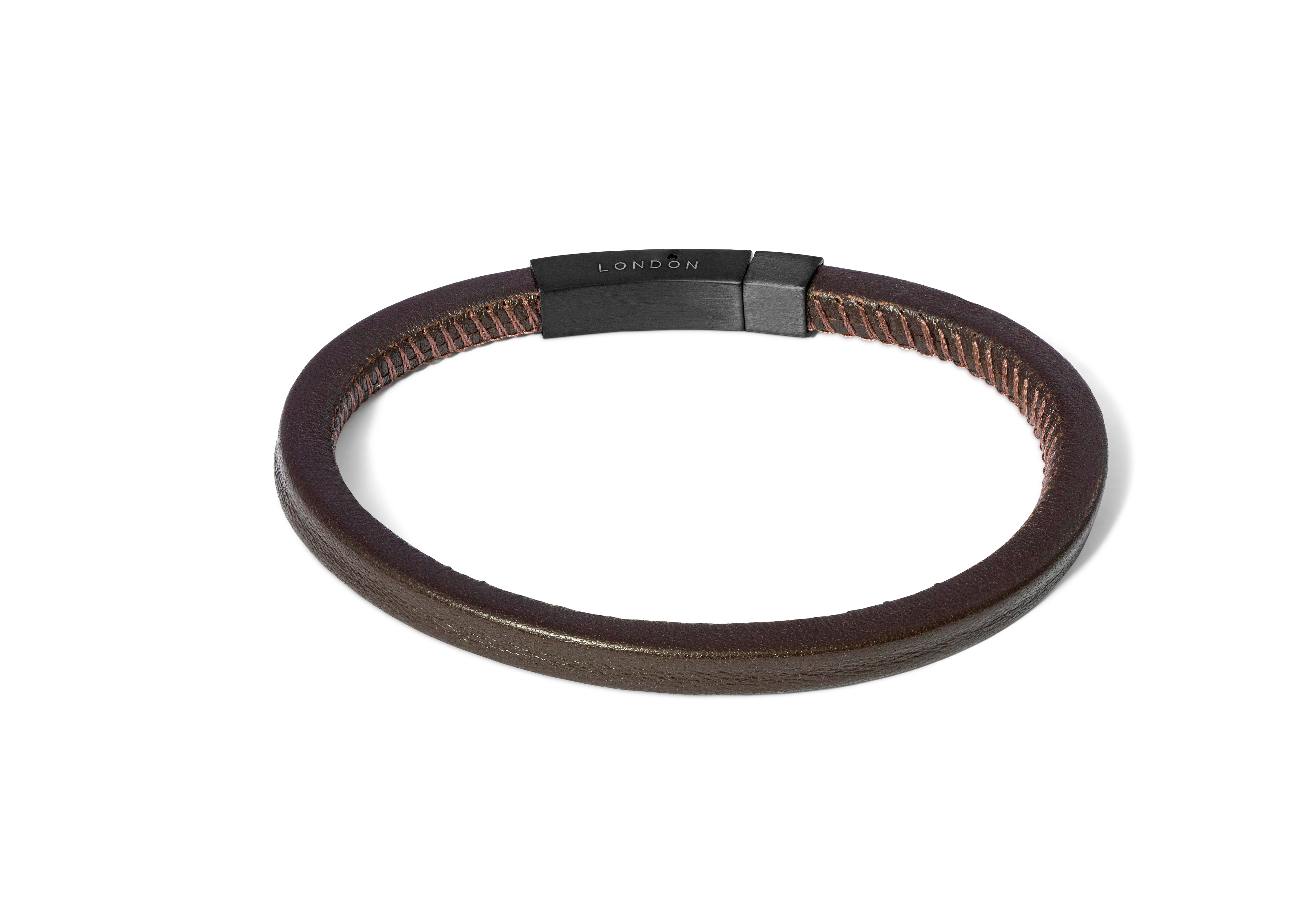 Tateossian Stitched Leather Bracelet in Dark Brown (M Size)