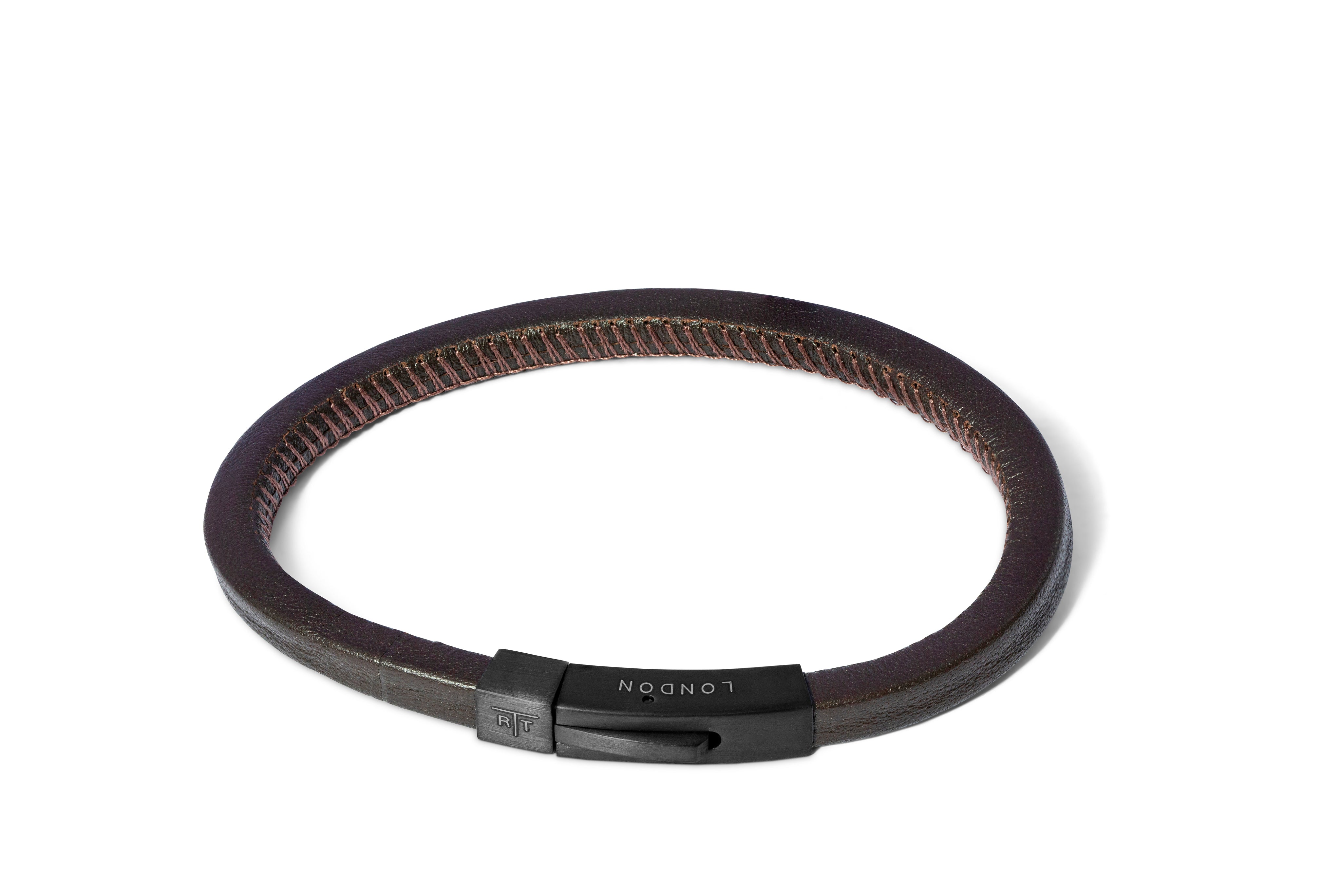 Tateossian Stitched Leather Bracelet in Dark Brown (M Size)