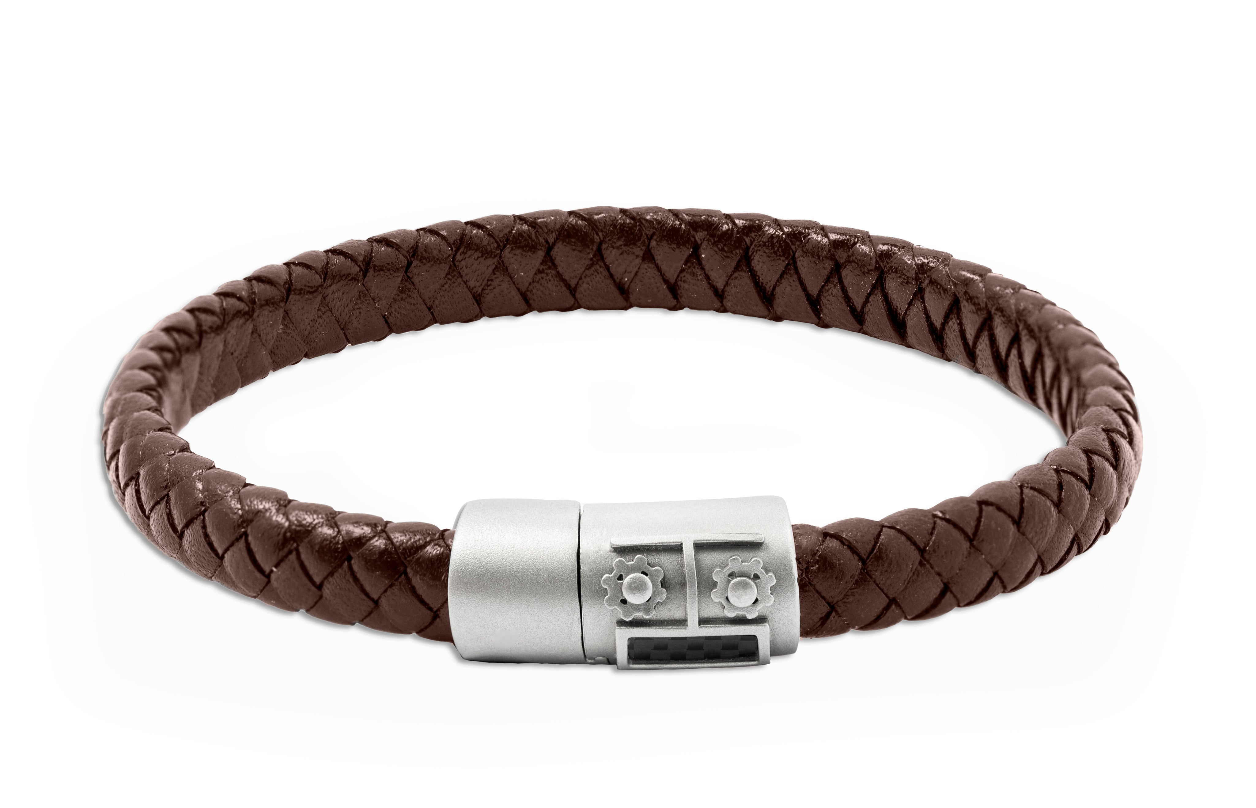 Tateossian Robot Slide bracelet in Italian brown leather with stainless steel (S Size)