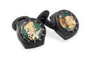 Tateossian Rollo Gold Leaf cufflinks with green enamel in black IP steel