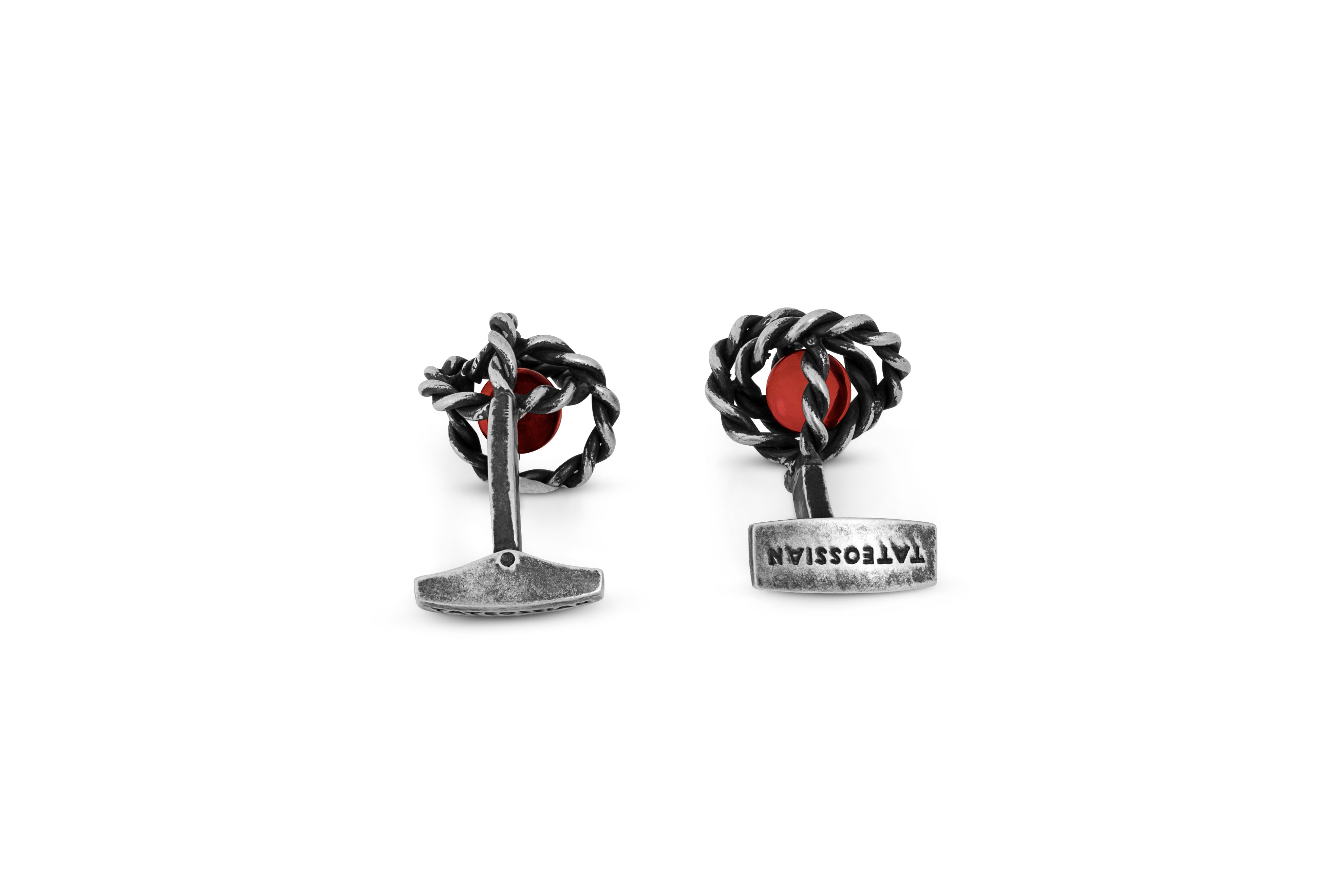 Tateossian Gyroscope Glass Cufflinks in Antique Silver & Red Glass