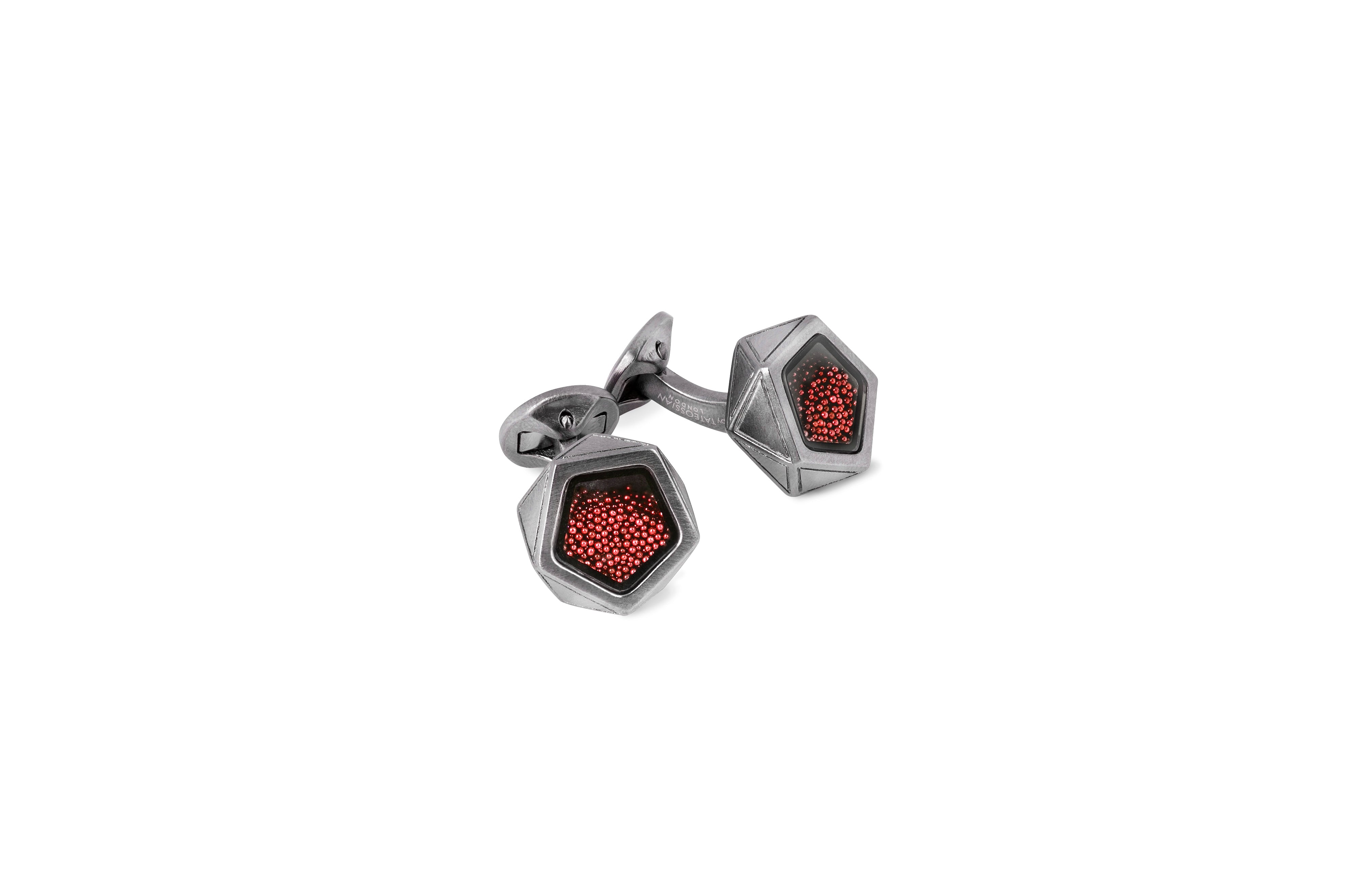 Caviar Pentagon cufflinks with red caviar beads and gunmetal finish
