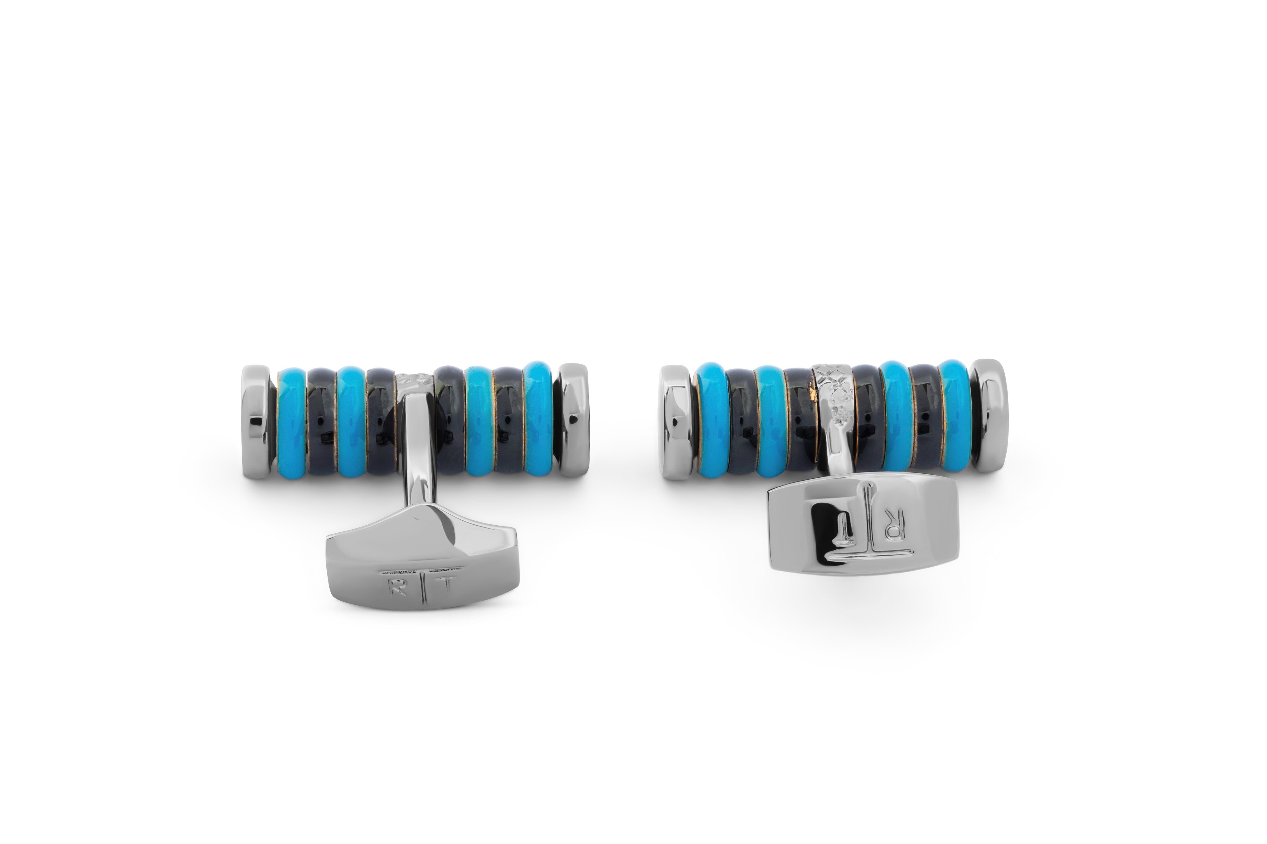 Tateossian Tokyo Rings Cylinder cufflinks with blue enamel and gunmetal finish