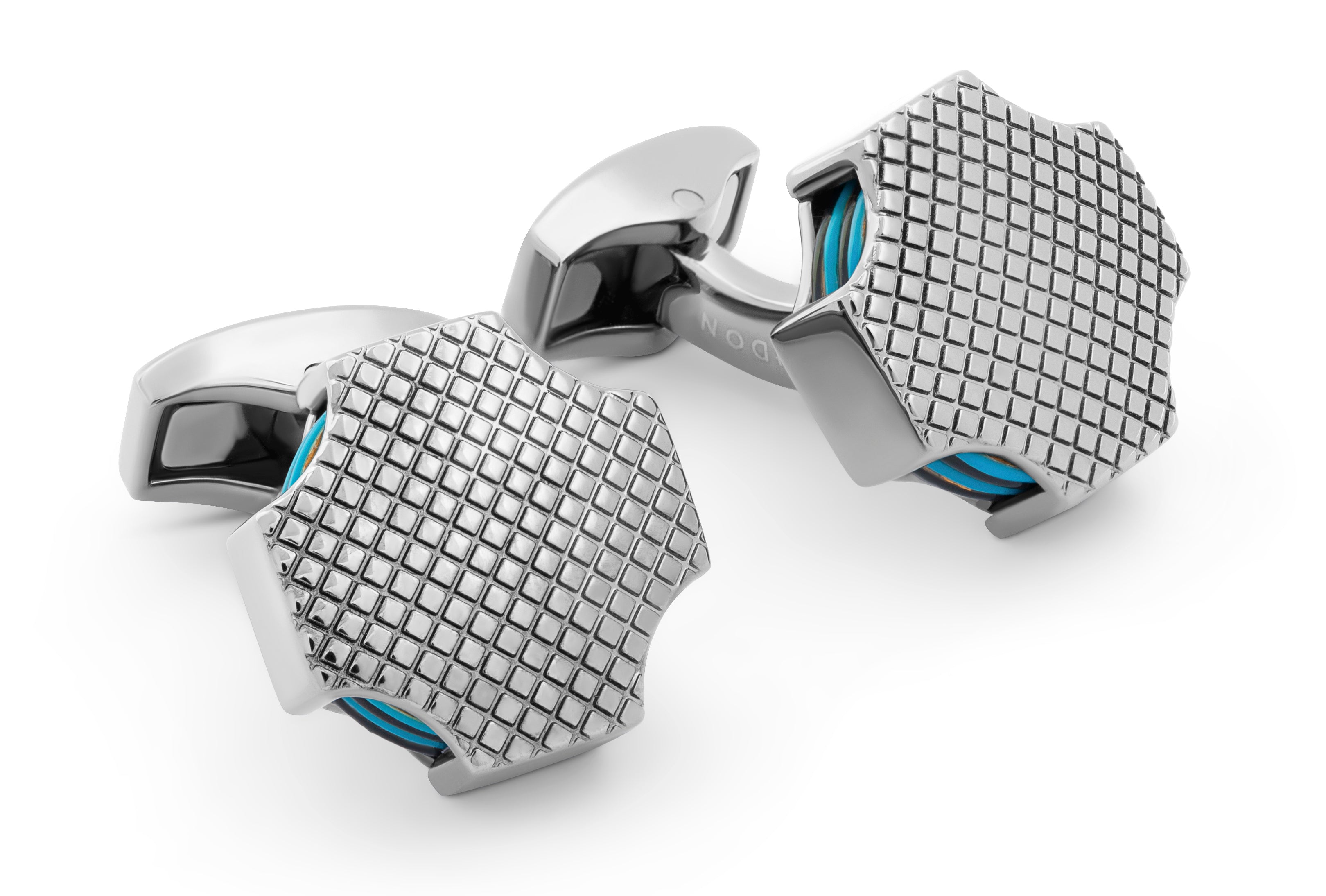 Tateossian Tokyo Rings Stack cufflinks with blue enamel and gunmetal finish