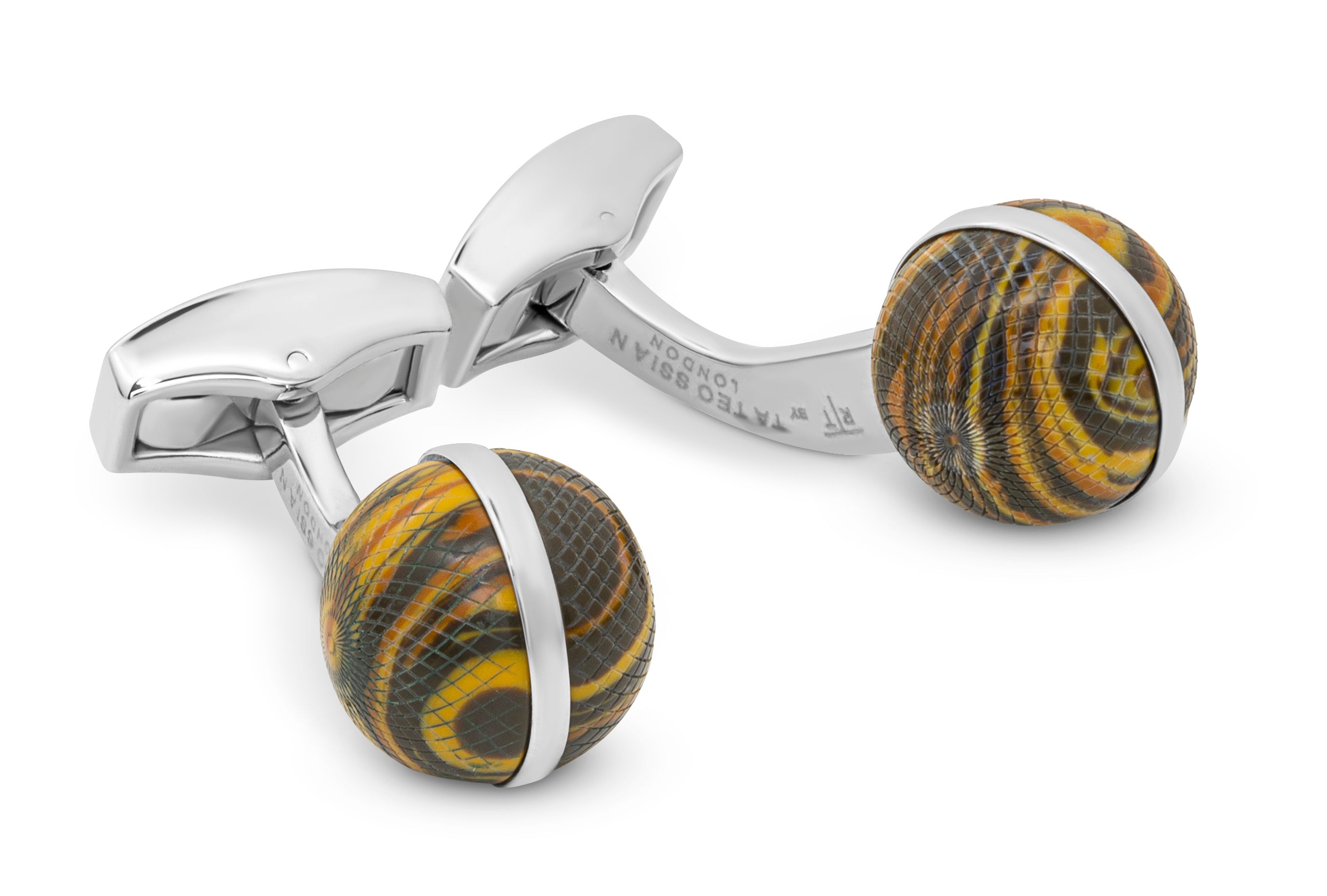 Tateossian Guilloche Sphere cufflinks with tiger eye