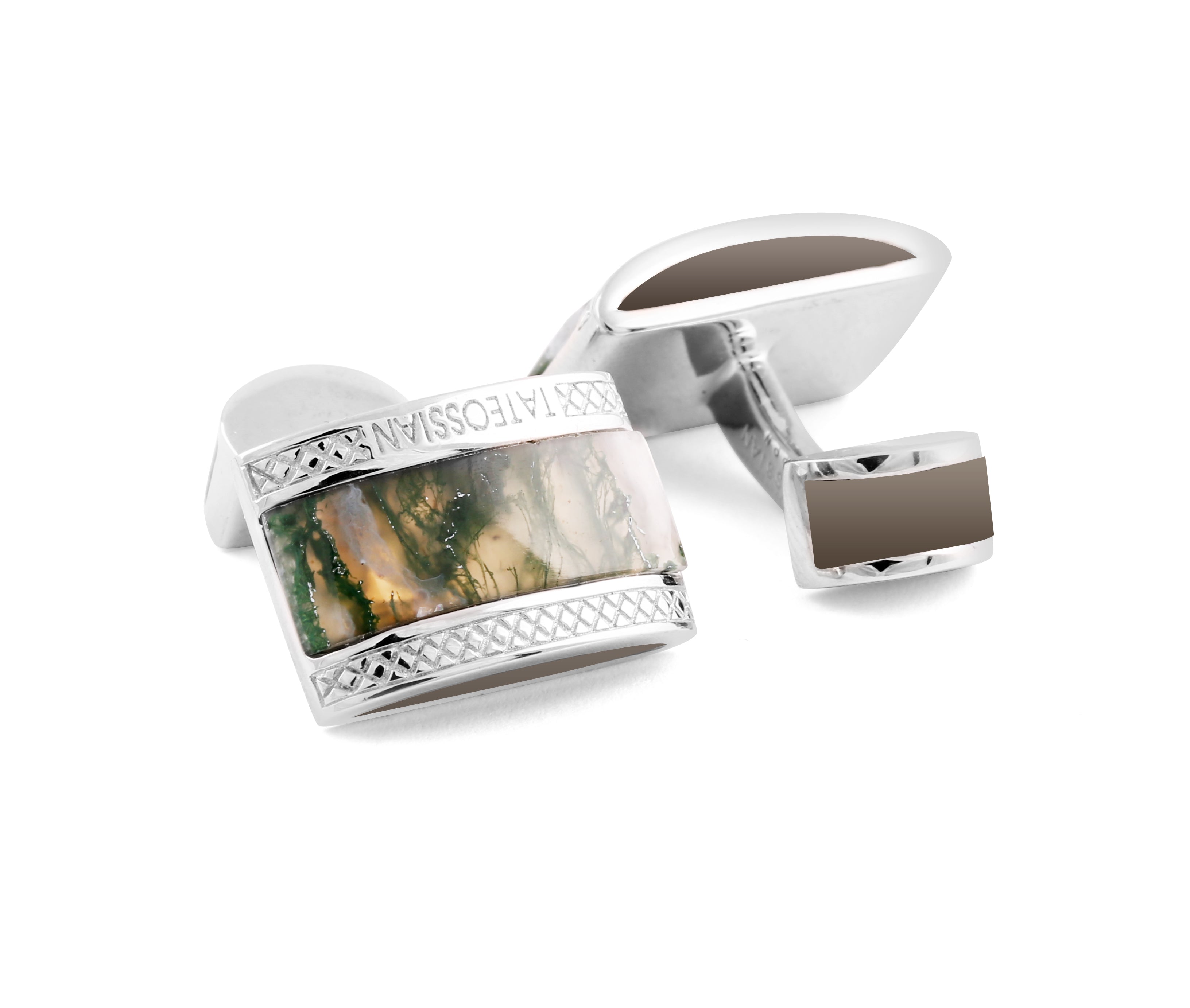 Signature D-Shape Semi Precious Stone Silver Cufflinks in Green