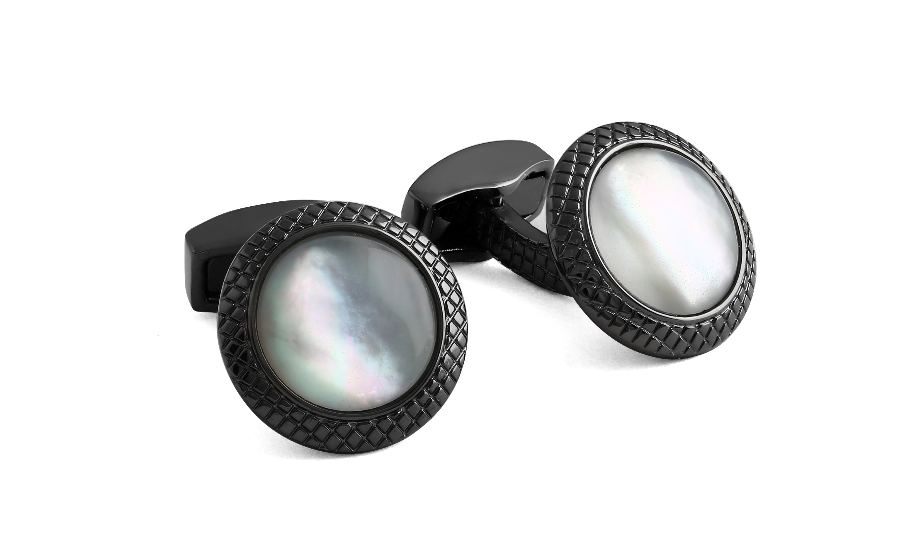 Tateossian Bullseye Cufflinks with White Mother of Pearl and Quartz