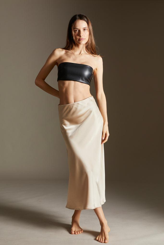 Silky satin waisted long skirt in nude - SAMPLE SALE LONDON 