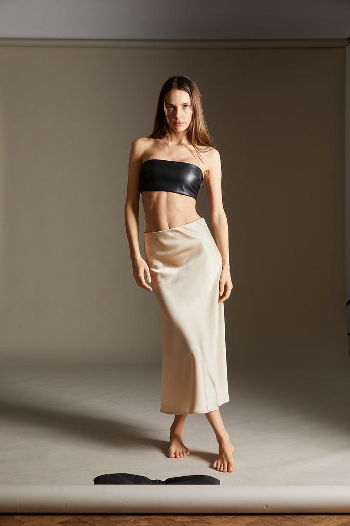 Silky satin waisted long skirt in nude - SAMPLE SALE LONDON 