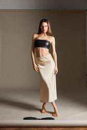 Silky satin waisted long skirt in nude - SAMPLE SALE LONDON 