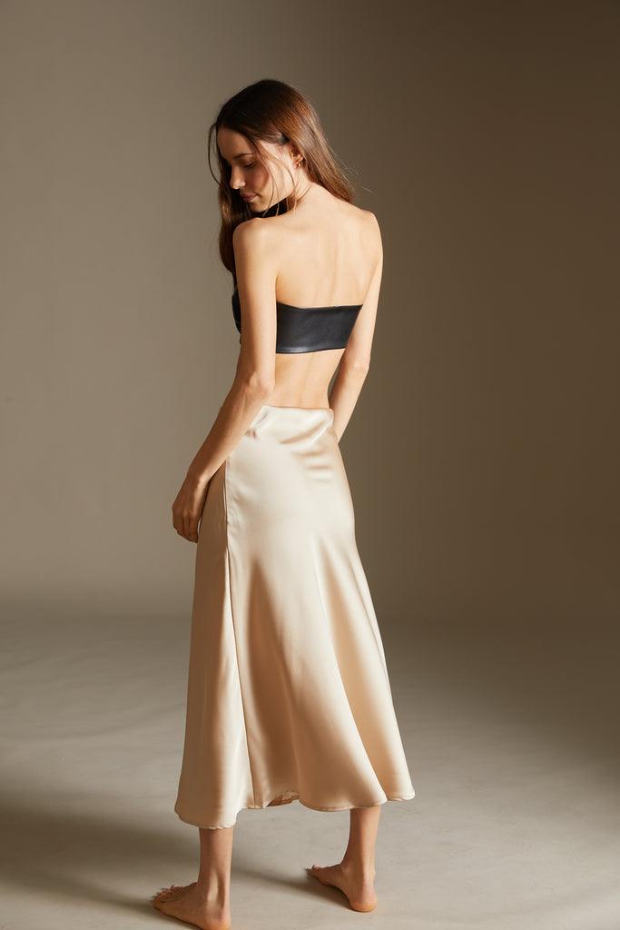 Silky satin waisted long skirt in nude - SAMPLE SALE LONDON 