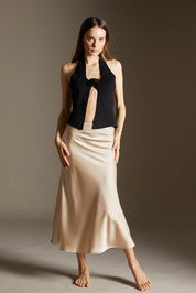 Silky satin waisted long skirt in nude - SAMPLE SALE LONDON 