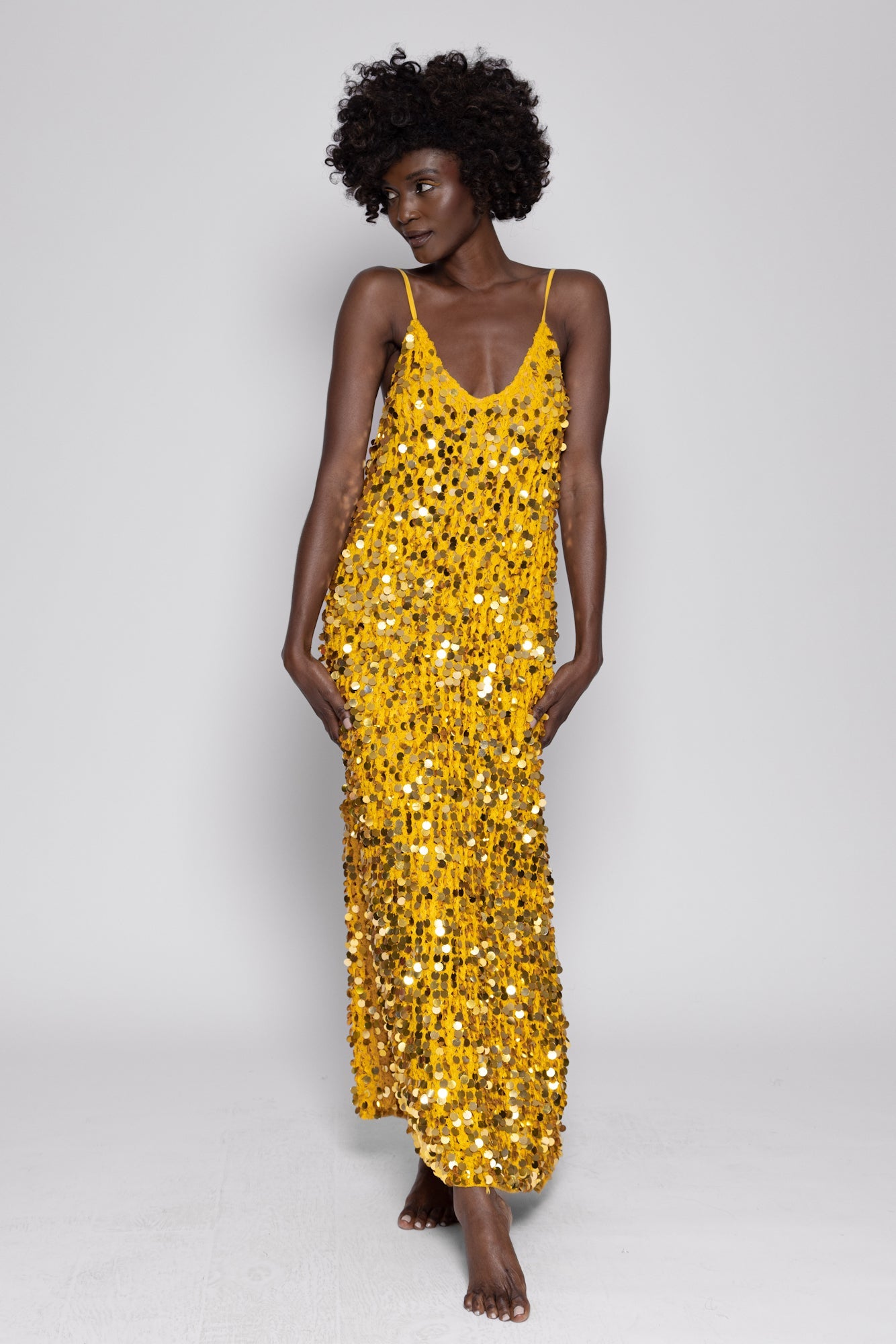 GWENDOLINE LONG DRESS CROCHET BIG SEQUINS YELLOW