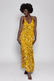 GWENDOLINE LONG DRESS CROCHET BIG SEQUINS YELLOW