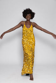 GWENDOLINE LONG DRESS CROCHET BIG SEQUINS YELLOW