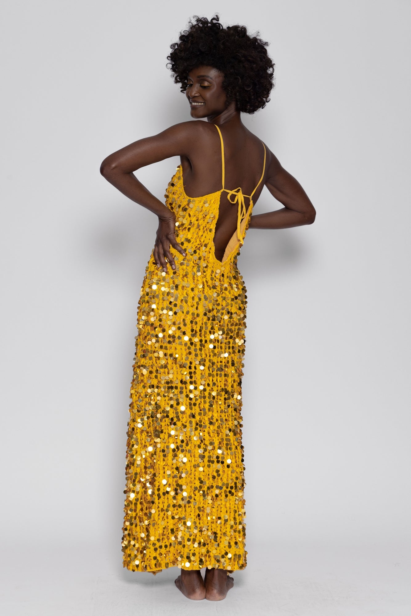 GWENDOLINE LONG DRESS CROCHET BIG SEQUINS YELLOW