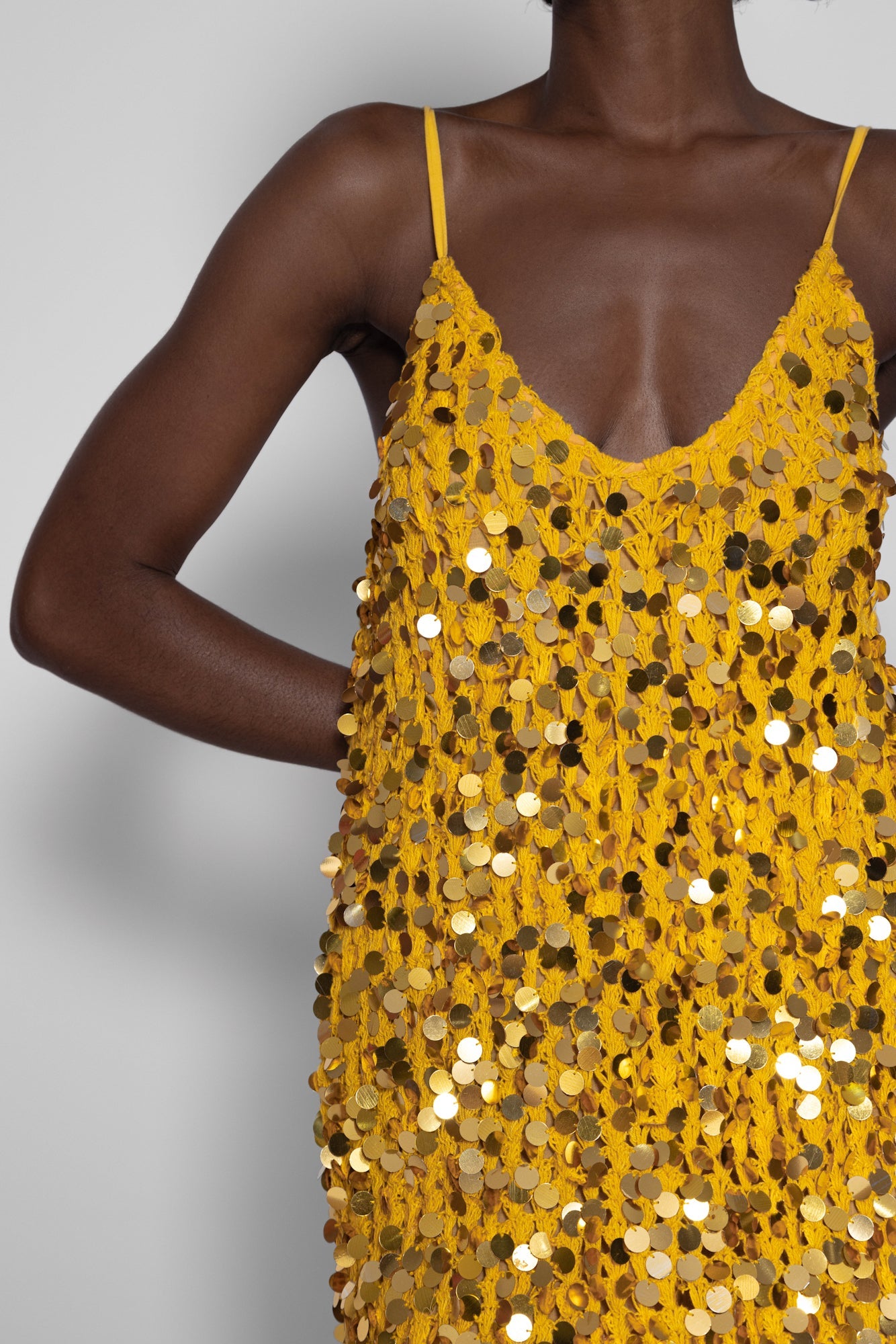 GWENDOLINE LONG DRESS CROCHET BIG SEQUINS YELLOW