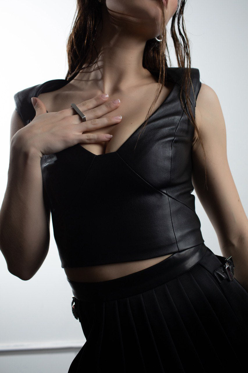 PRITCH LONDON Leather Crop Top in Black- Size 8