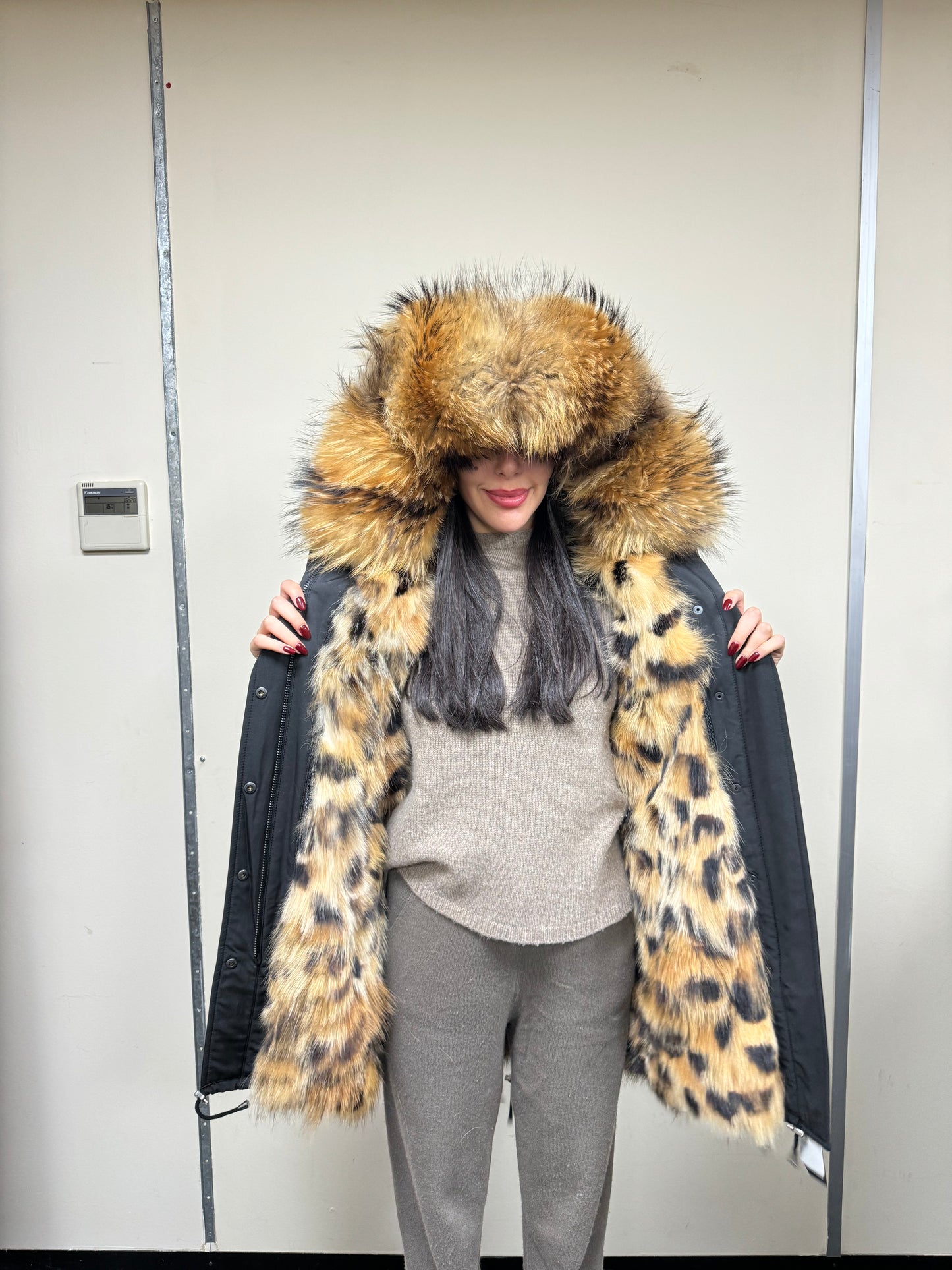 Fur Parka With Leopard Pattern Fox  - Size XS