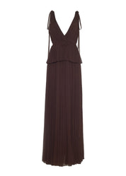 A flat lay of a mocha brown silk gown. 