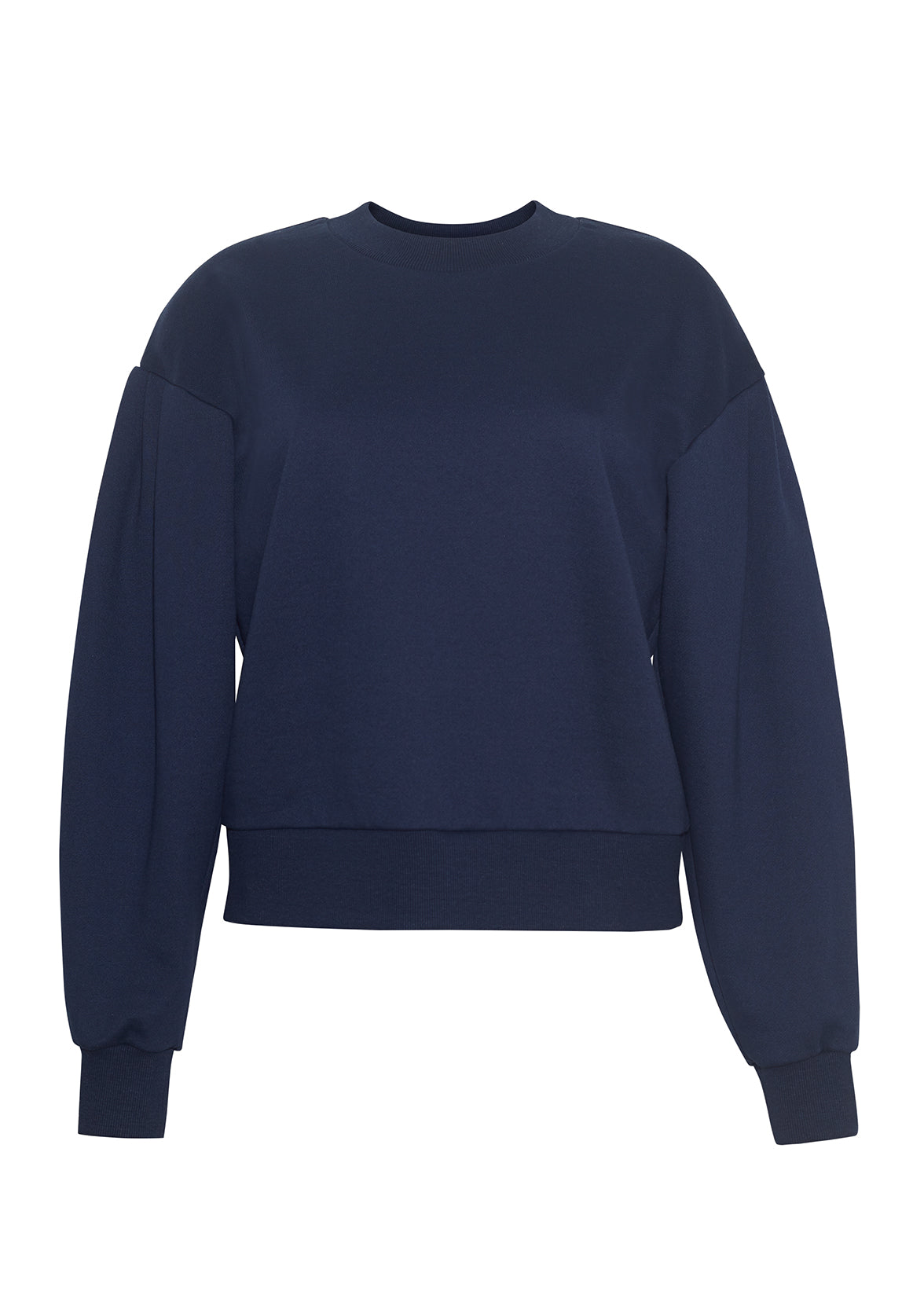 A front view of a navy sweatshirt without a model..