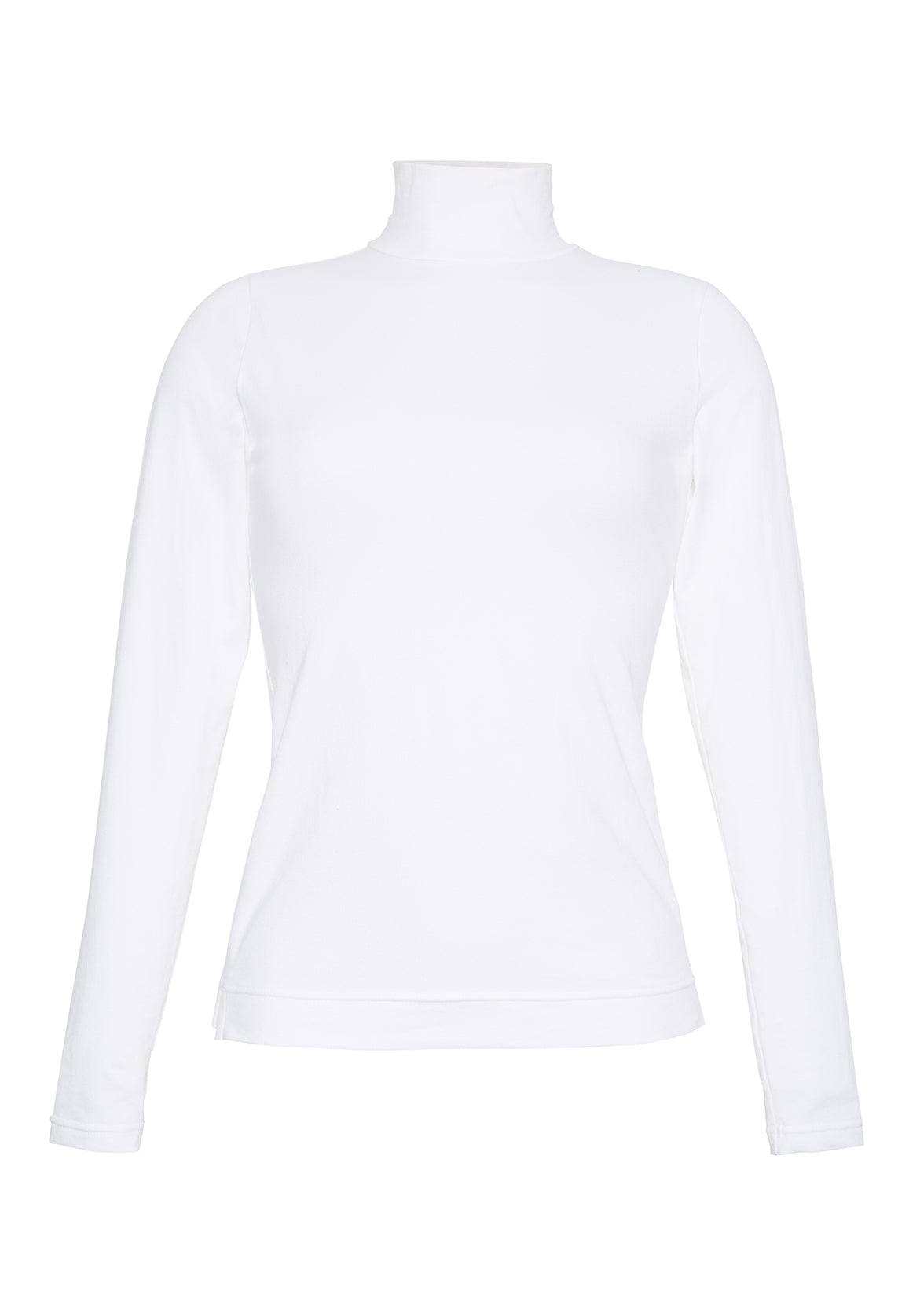 A front view of a white turtleneck without a model.