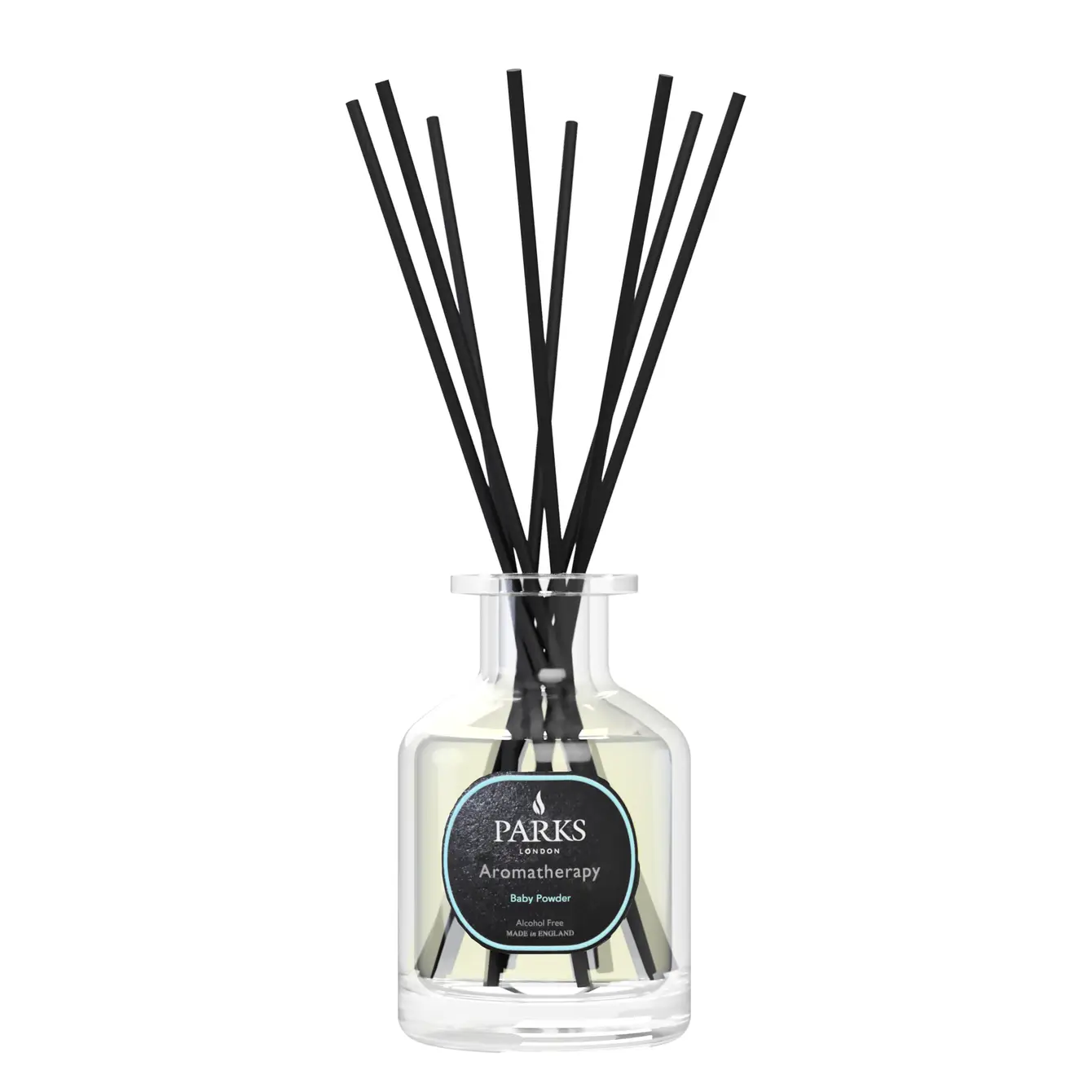 A clear glass bottle with black reeds inserted for fragrance release, labeled 'PARKS Aromatherapy' with a black and green design.