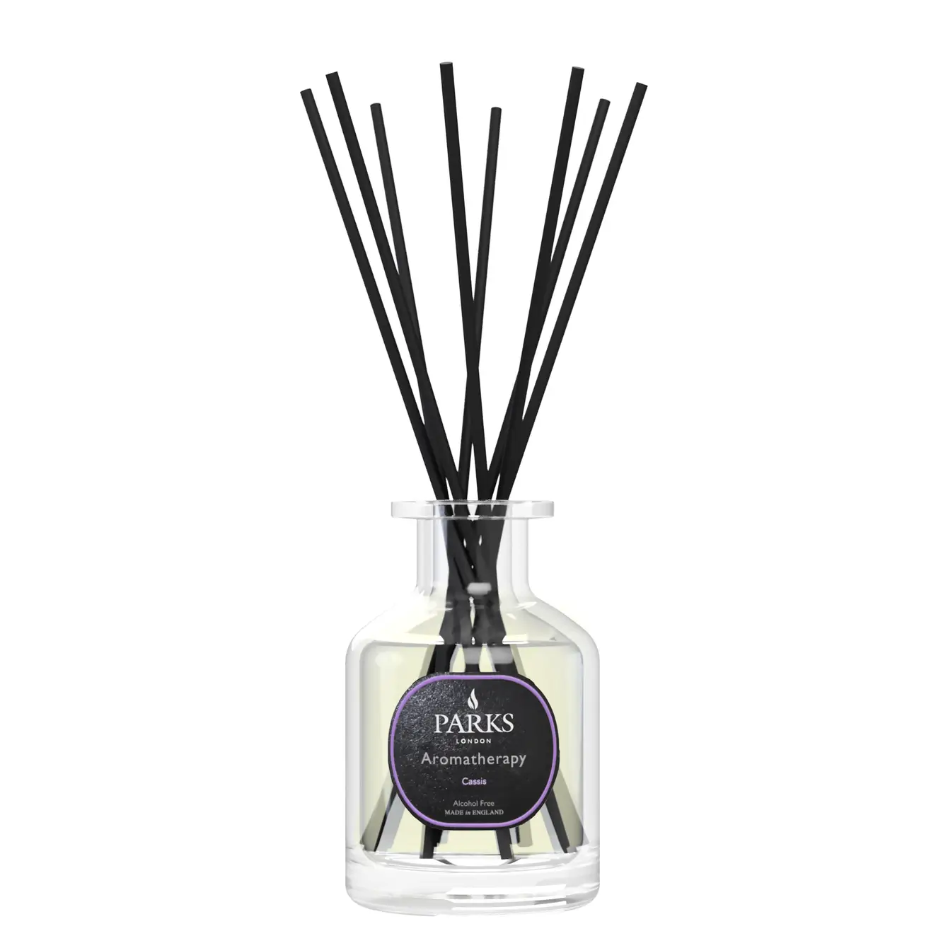 A clear glass diffuser bottle with a black label and a set of black reeds, filled with a liquid.