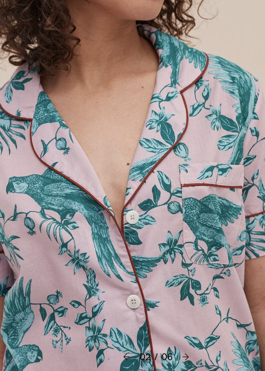 Desmond & Dempsey - BROMLEY PARROT Pink/Blue Short Sleeve Pyjama Shirt - Size L