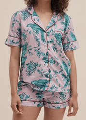 Desmond & Dempsey - BROMLEY PARROT Pink/Blue Short Sleeve Pyjama Shirt - Size L