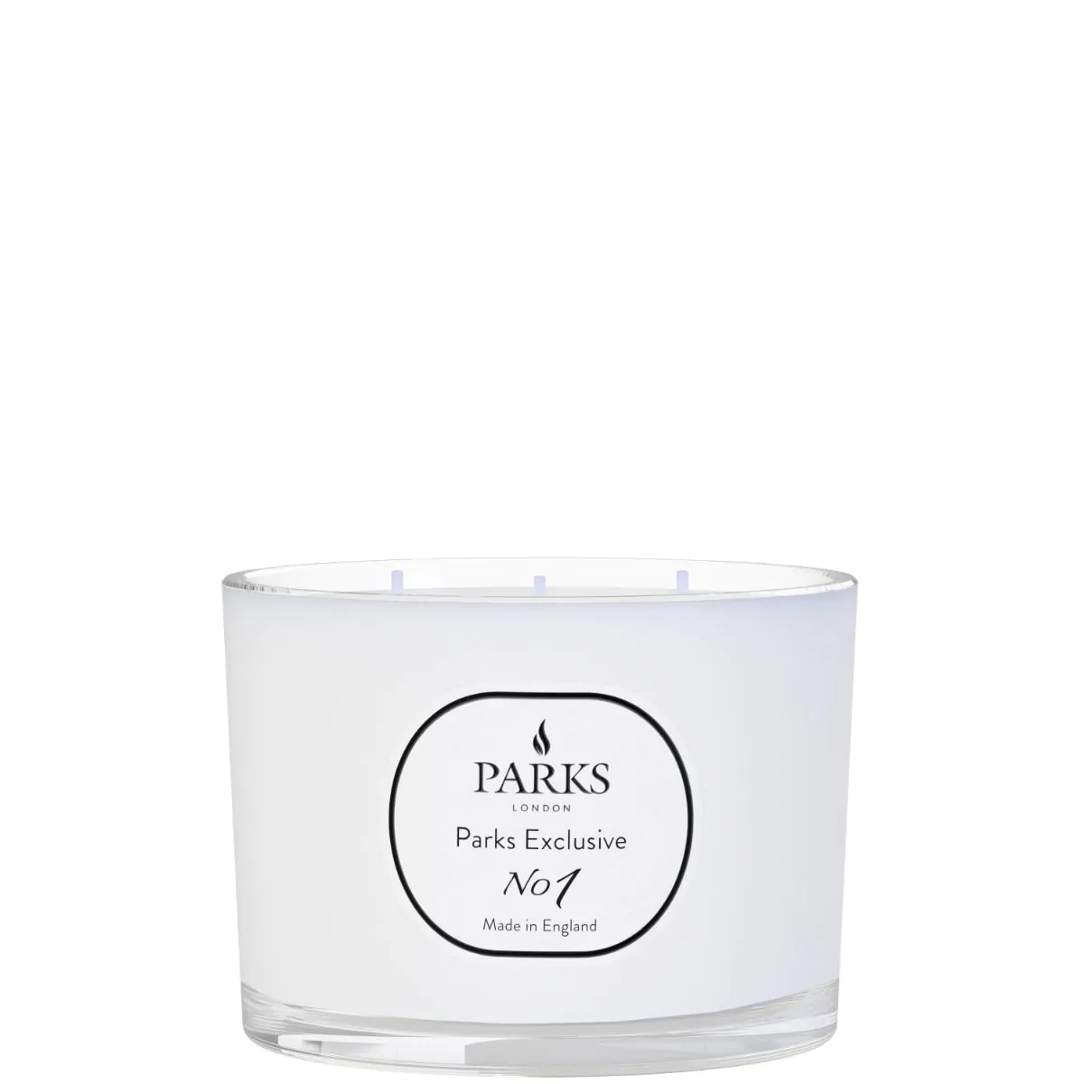 A white, three-wick candle with the label 'PARKS Exclusive No1'.