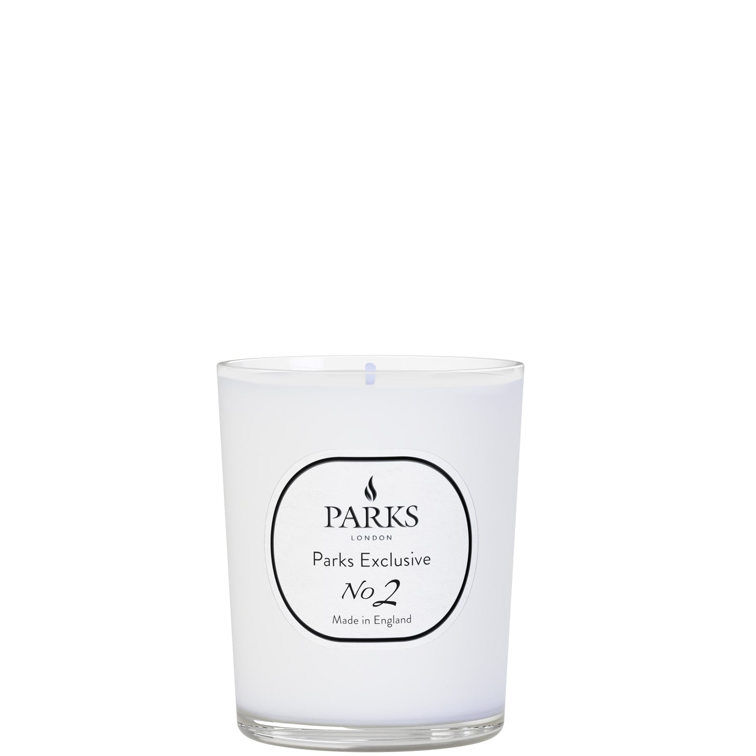 A white candle with a label reading 'PARKS Exclusive No2. Made in Britain'.