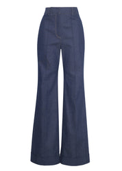 A front view of a denim wide leg trouser without a model.