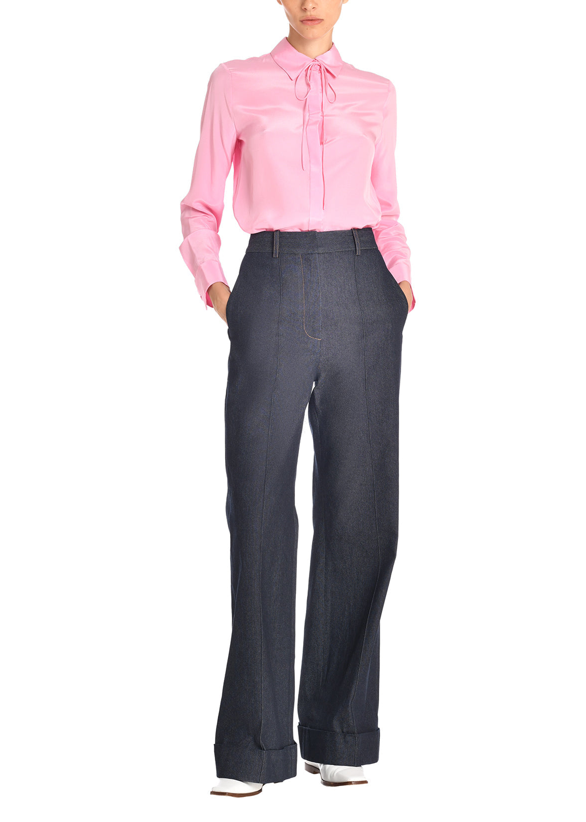 cuffed hem wide leg trouser in japanese denim