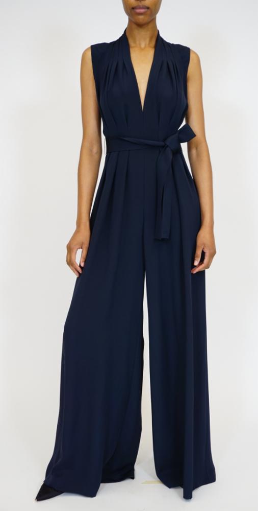 sleeveless belted jumpsuit in silk crepe