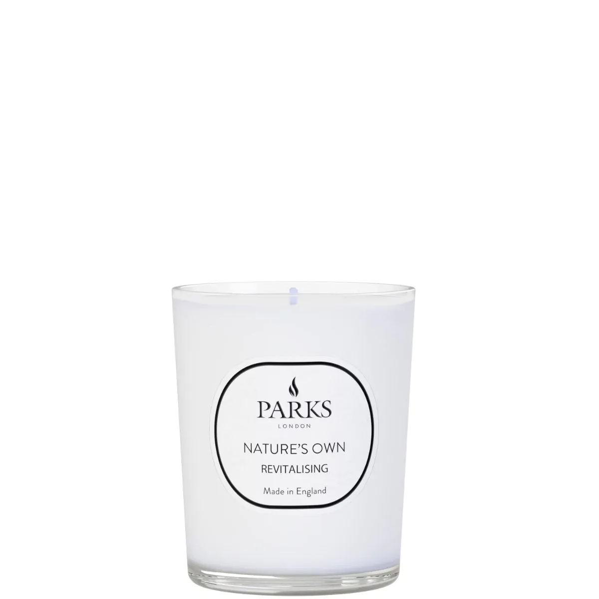 A white tumbler candle with a label that reads 'PARKS Nature's Own Revitalising', indicating the fragrance family as citrus and a burn time of 48 hours.