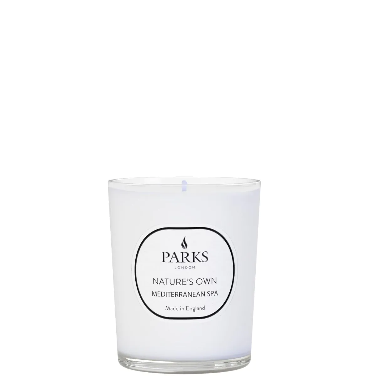 A white candle with a label that reads 'PARKS Nature's Own Mediterranean Spa', indicating it is made in England.