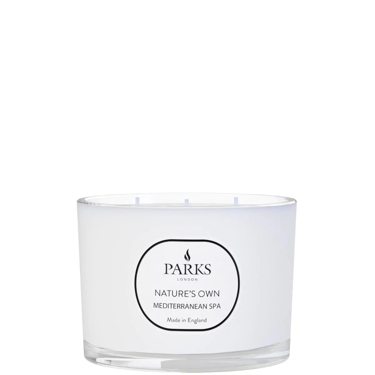 A white, triple-wick candle with the label 'PARKS Nature's Own Mediterranean Spa' in a clear glass jar.