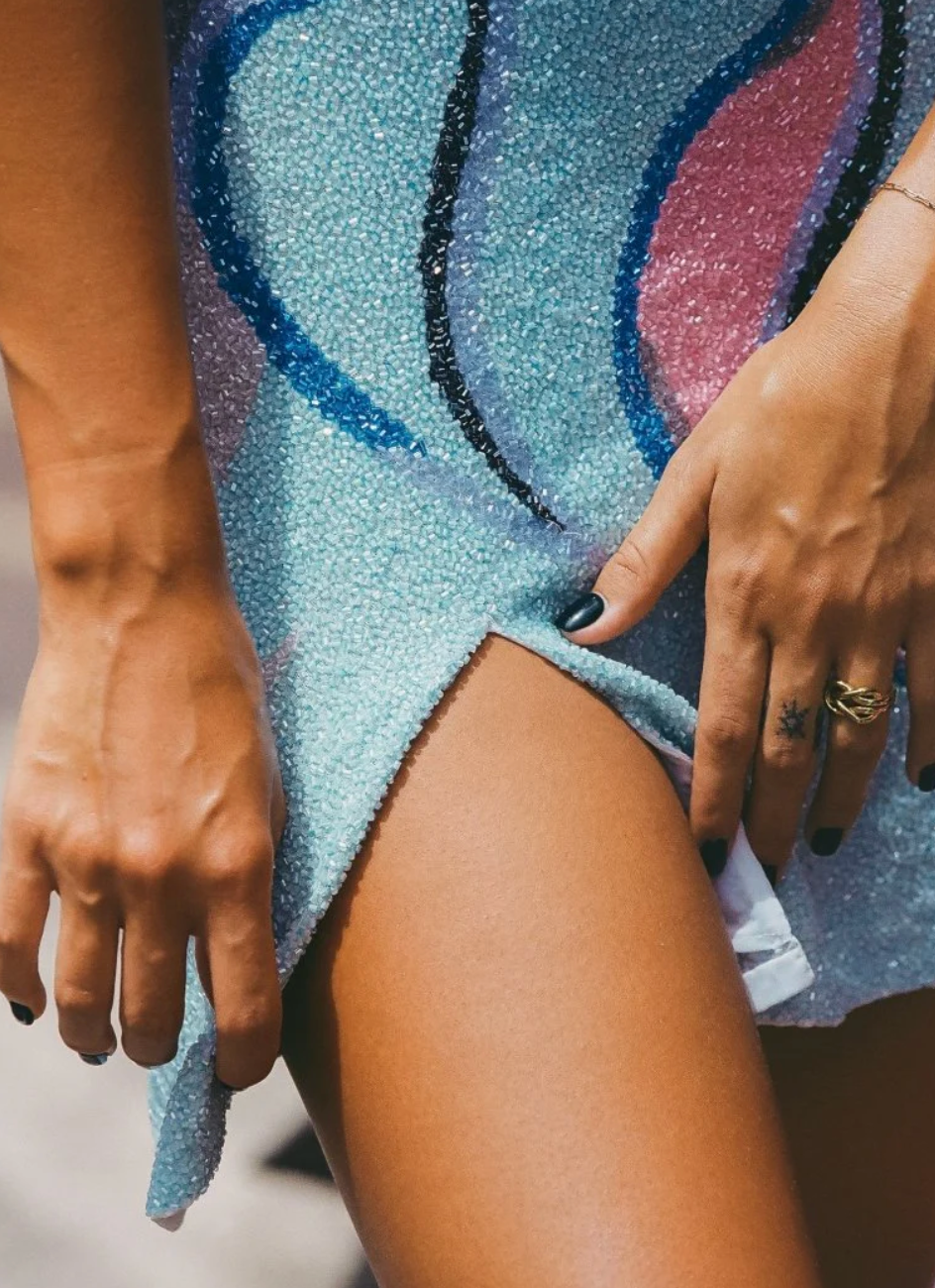 OceanusSofia Hand Beaded Blue Party Dress