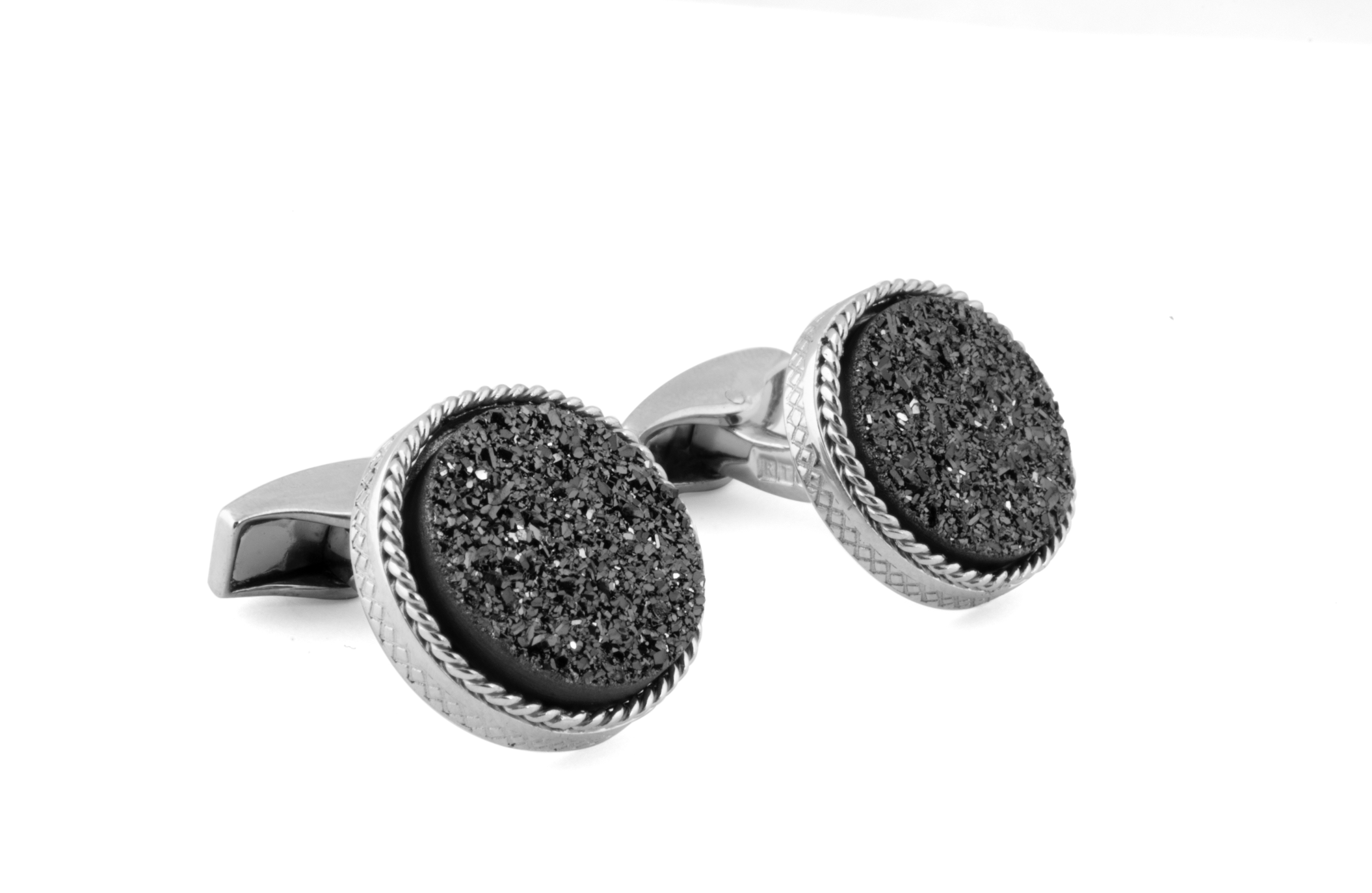 Drusy Round Cufflinks in Silver with Charcoal Drusy