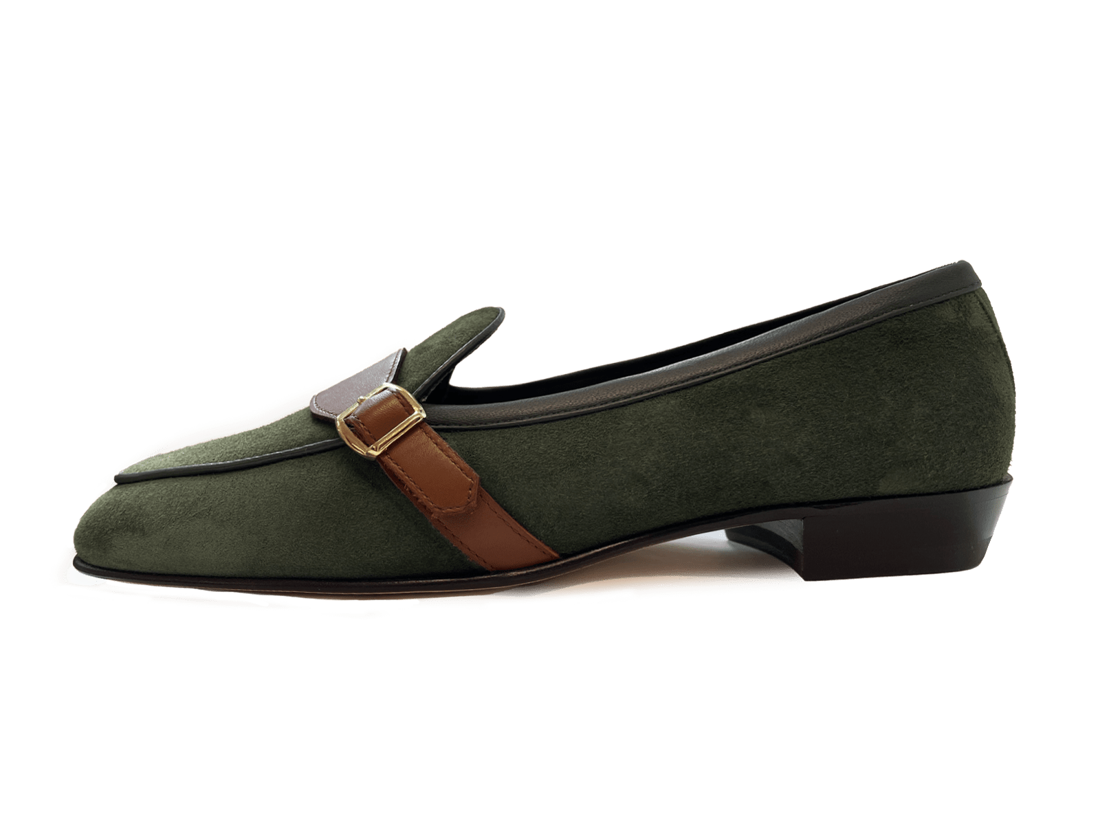 Sagan Buckle in Racing Green Luxe Suede and Tan Soft Calf