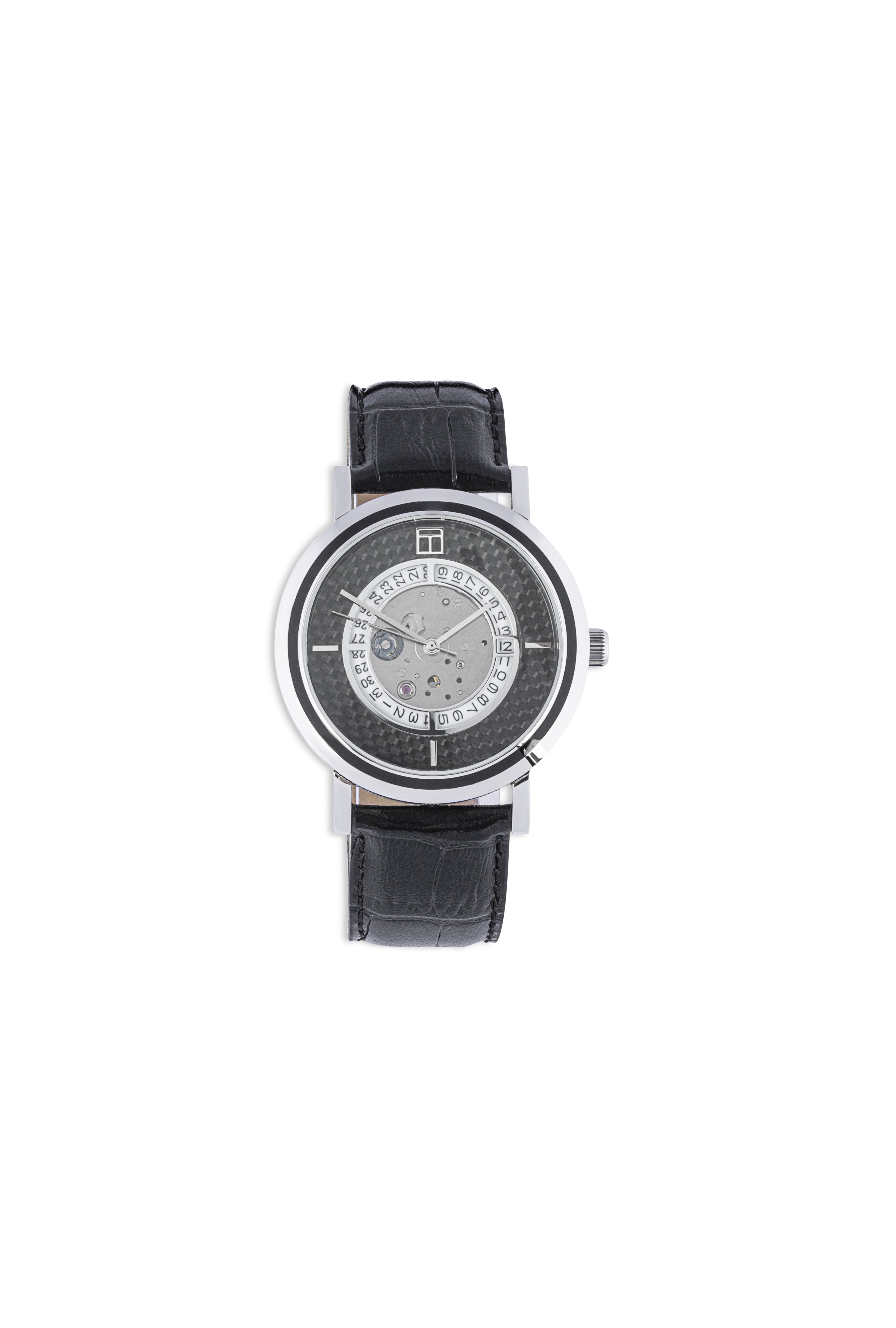 Esposto Leather Automatic Watch In Black With Carbon Fibre Steel